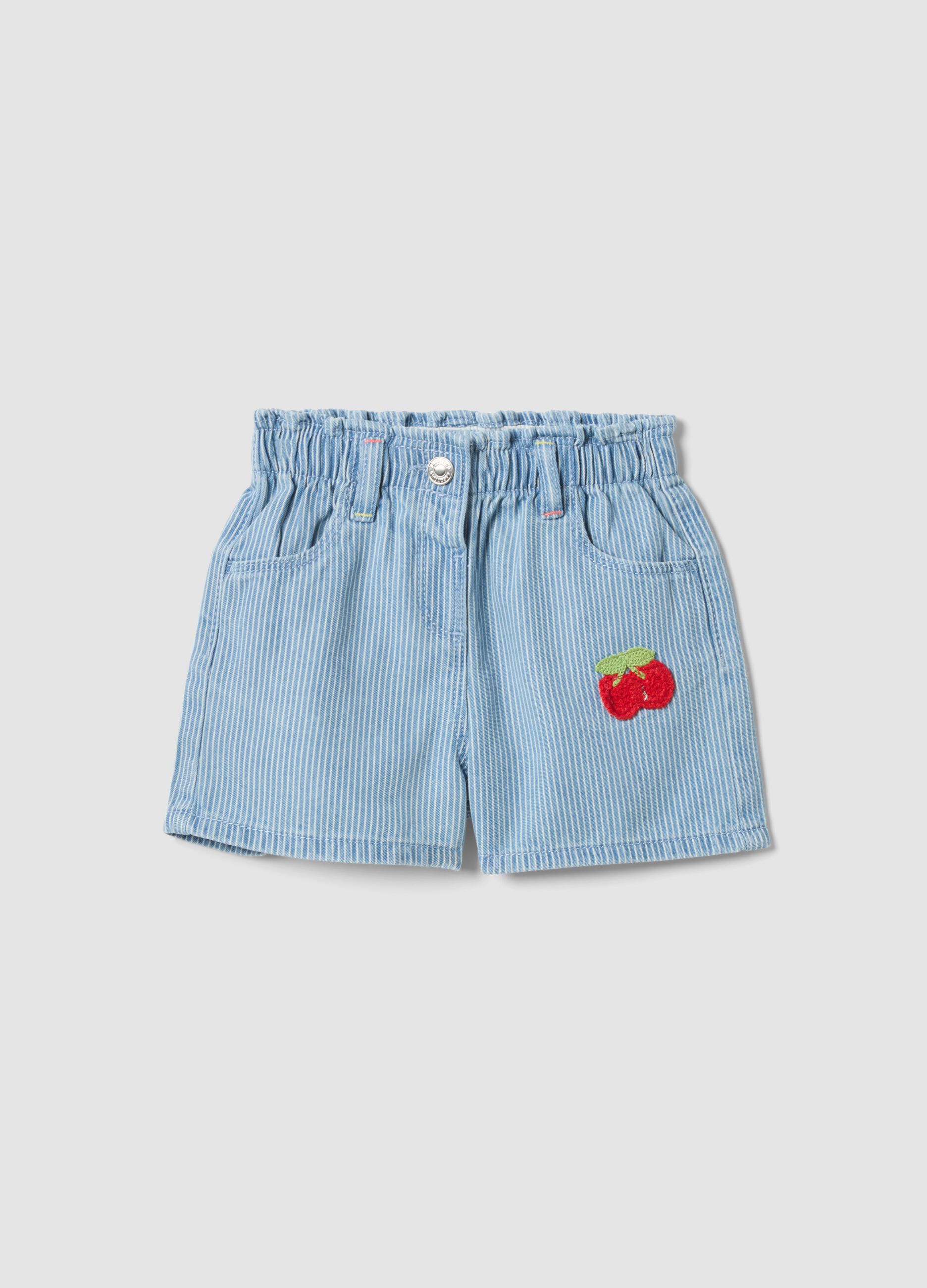 Girls&rsquo; light blue striped cotton-blend shorts with cherry embroidery