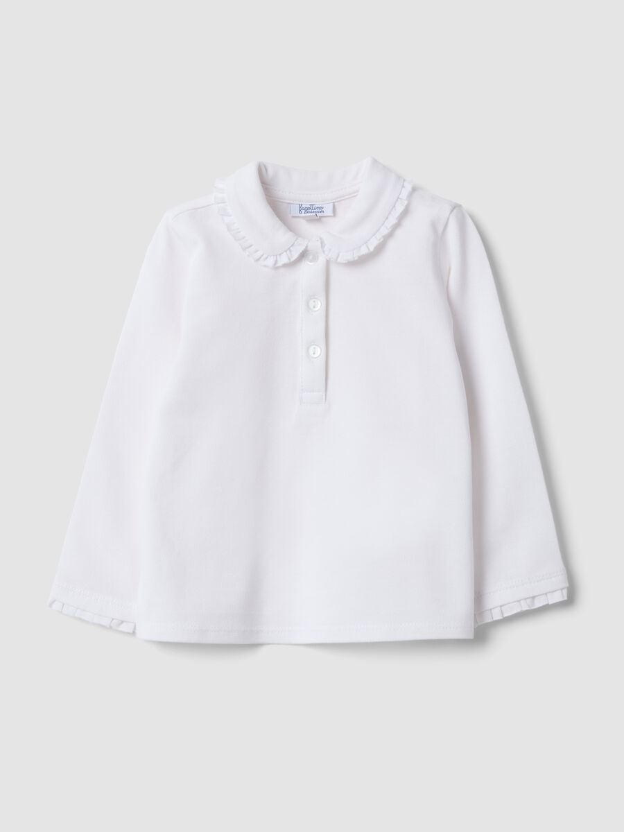 Polo bianca in puro cotone organico a maniche lunghe regular fit per bimba_0