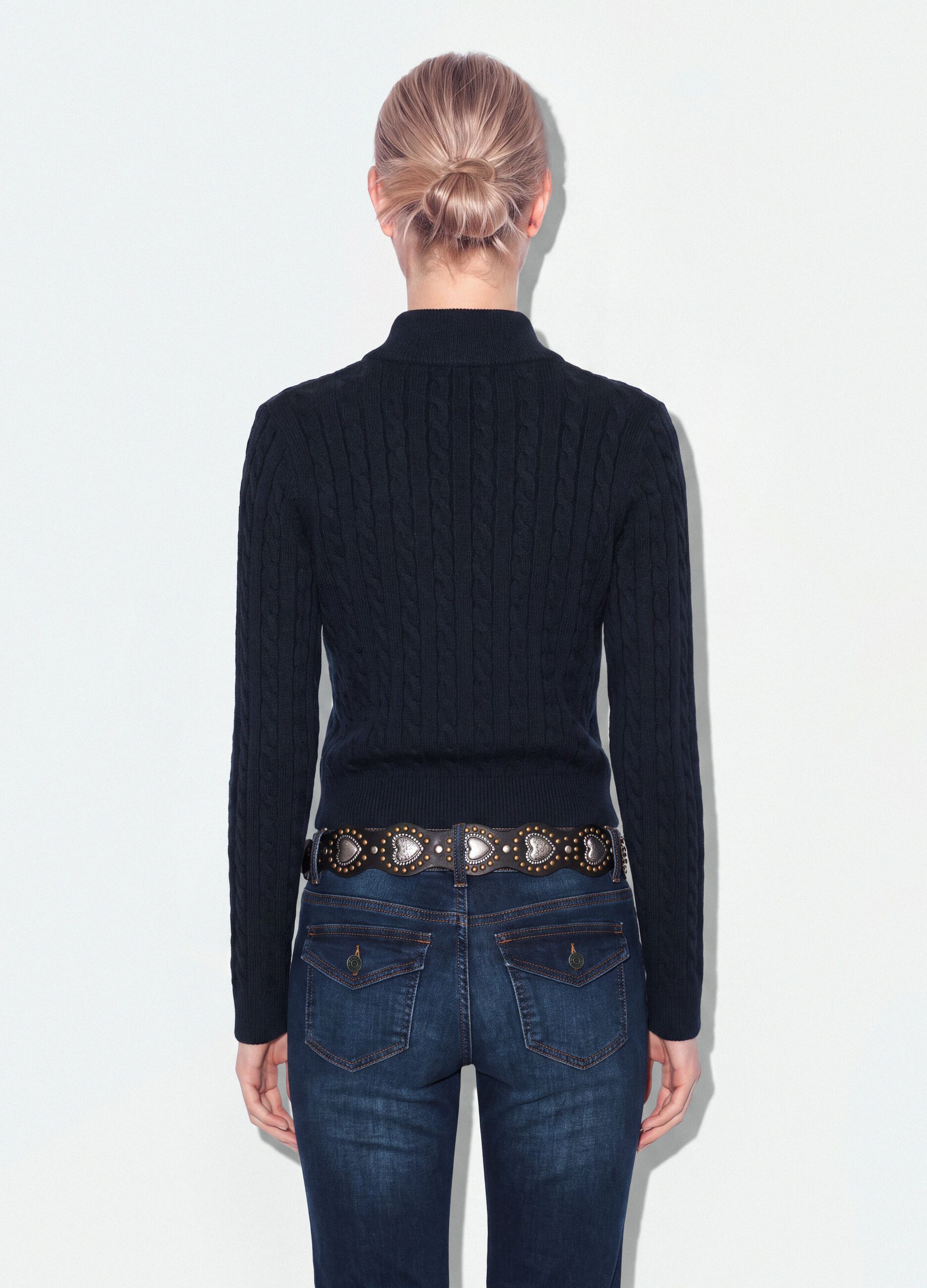 Navy viscose-blend fitted cardigan with polo collar