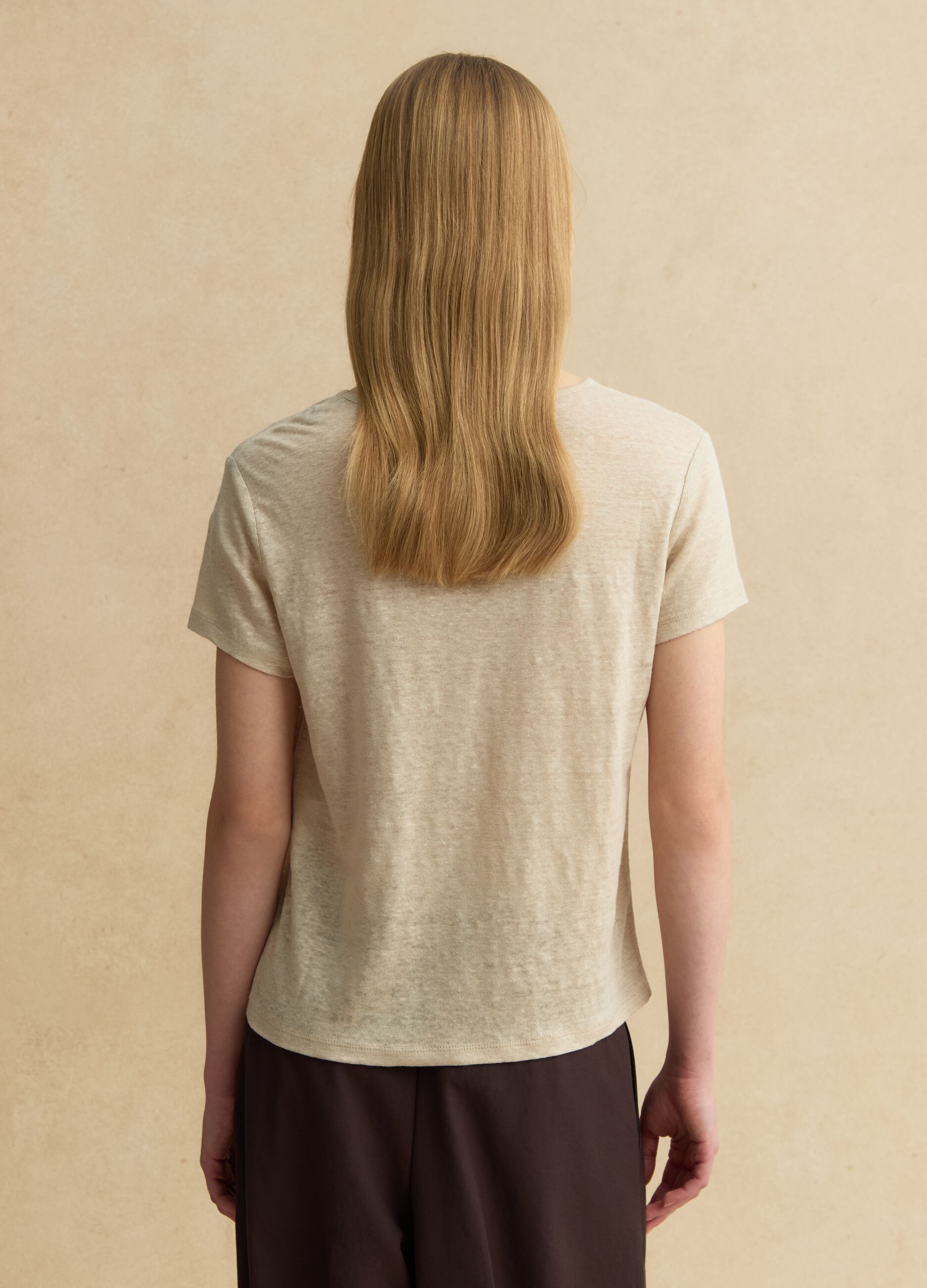 Beige short-sleeve pure linen T-shirt, regular fit