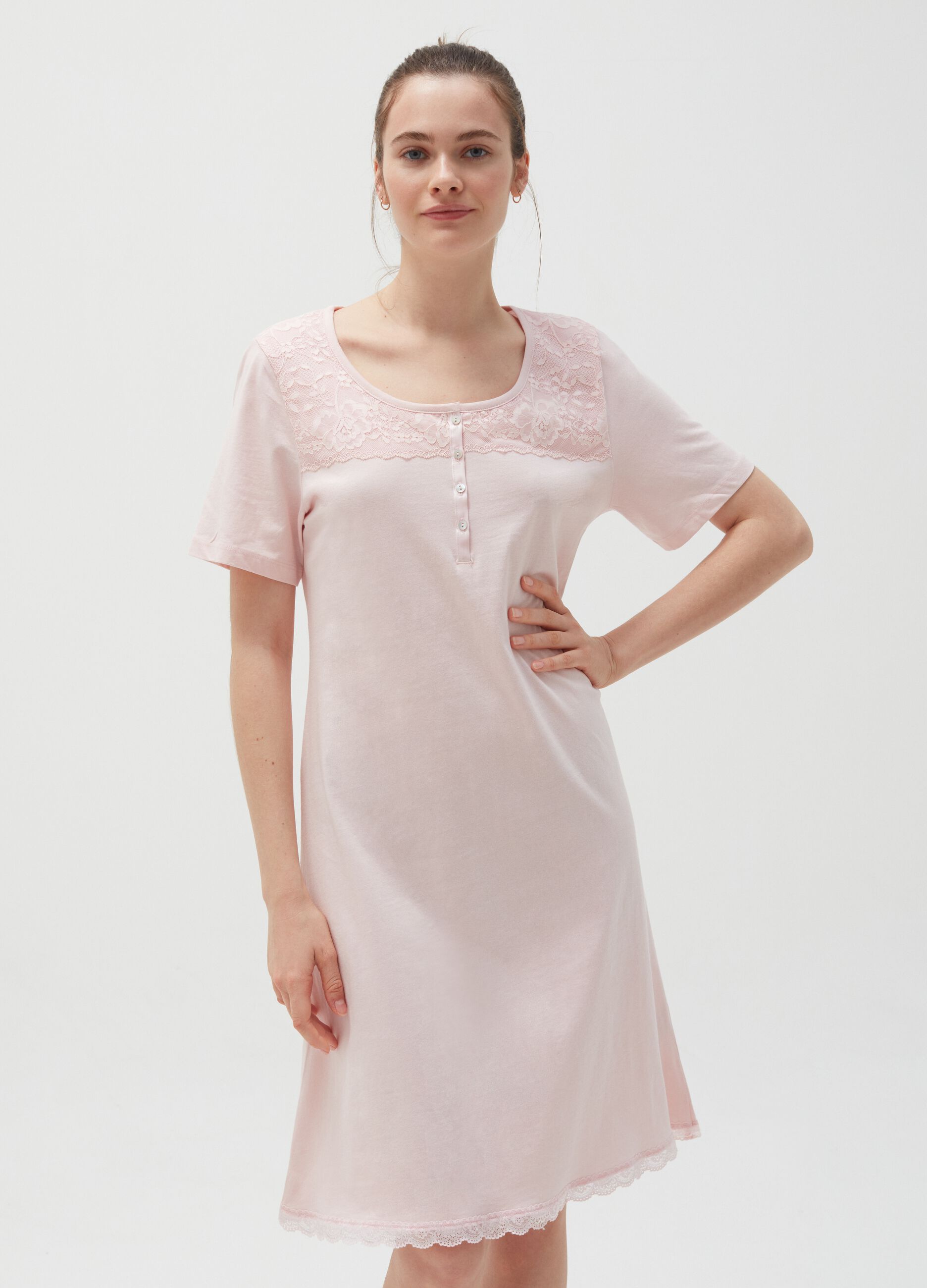 Cotton nightdress with lace insert