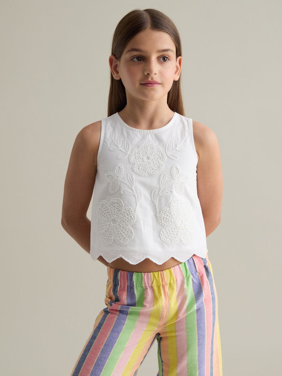 Girls' pure white cotton top with regular fit and embroidery_0