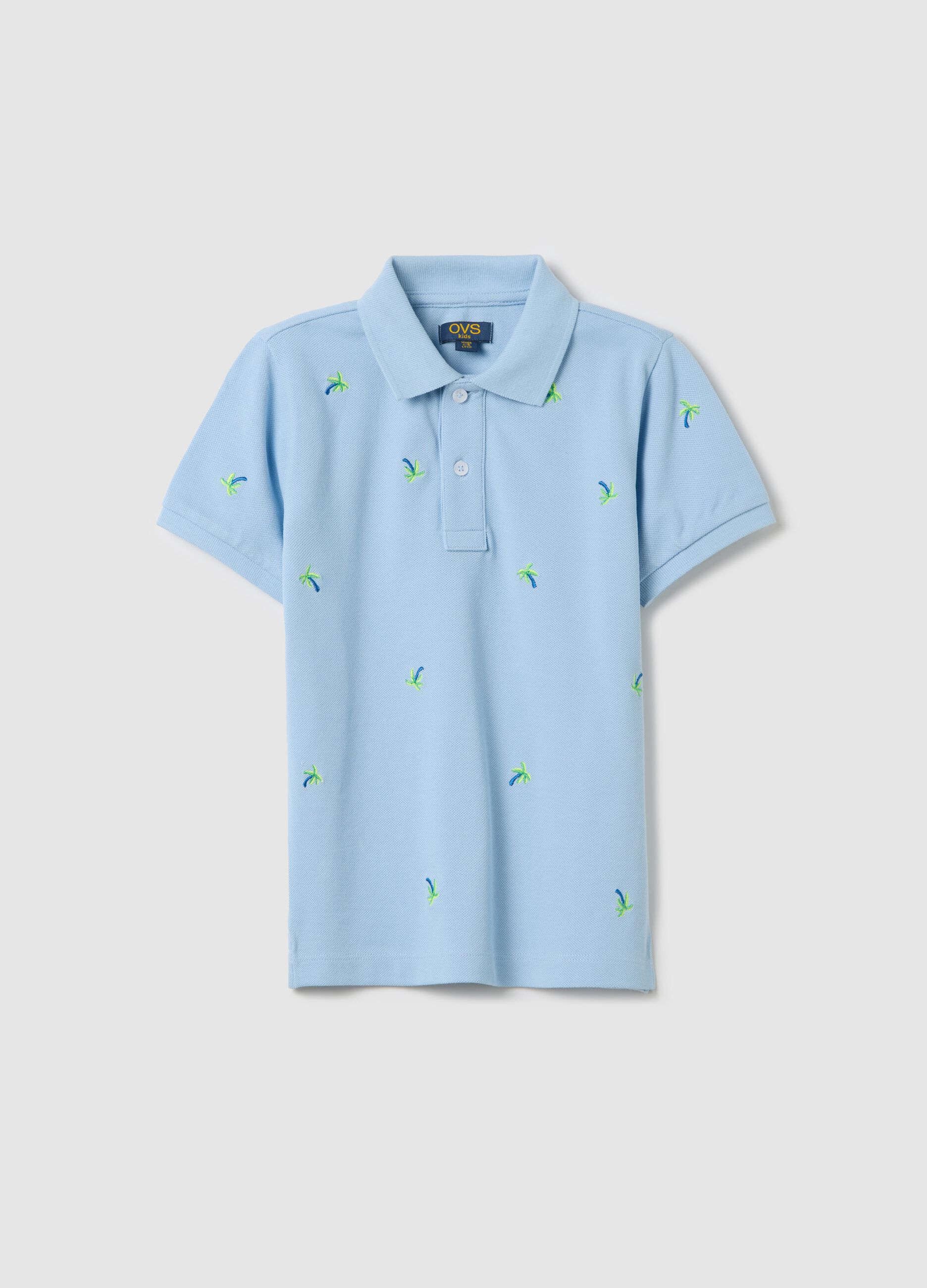 Light blue piquet polo shirt with palms embroidery