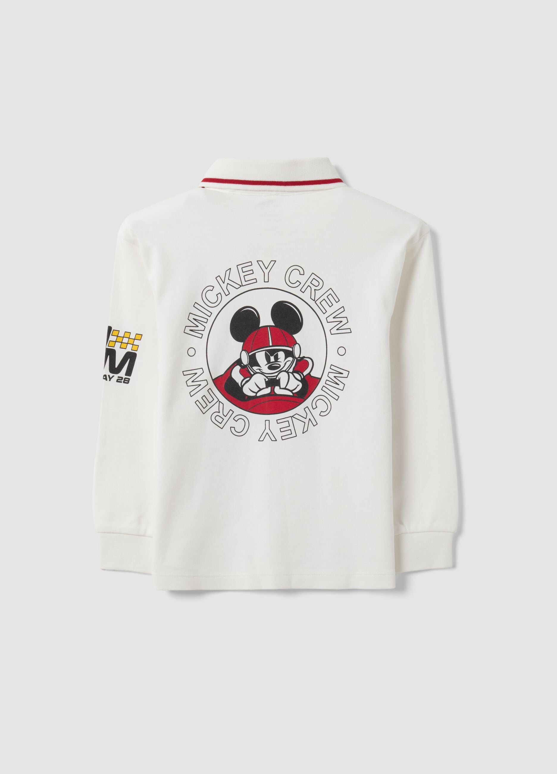 White pure cotton long-sleeve polo with Mickey & Friends print