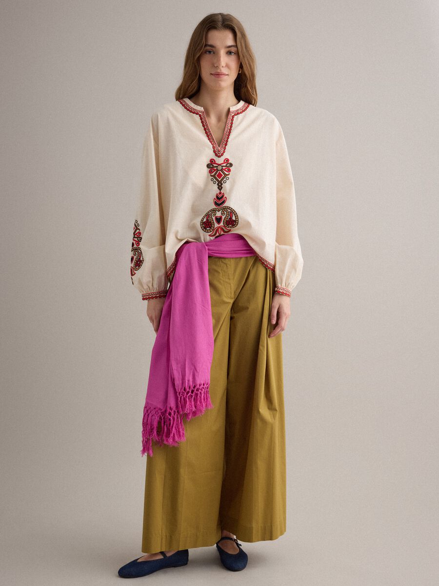 Green wide-leg trousers in pure cotton_0