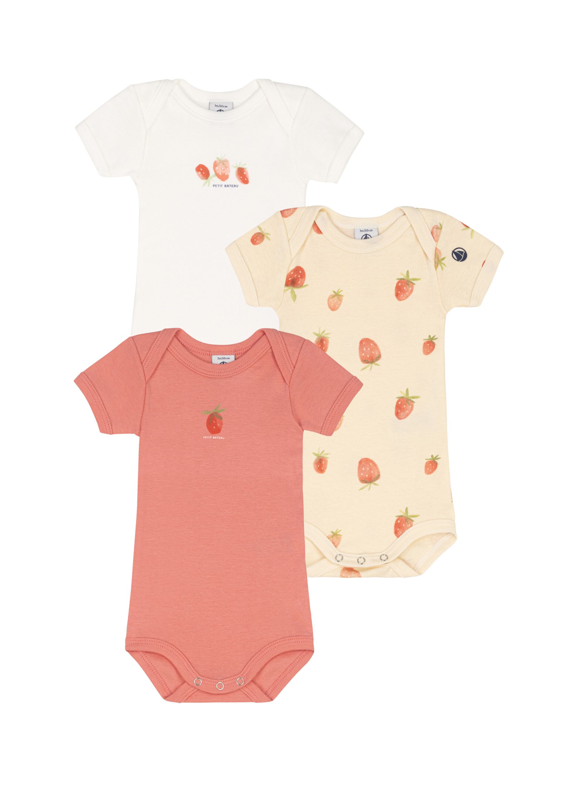 Three-pack bodysuits with short sleeves and strawberries print