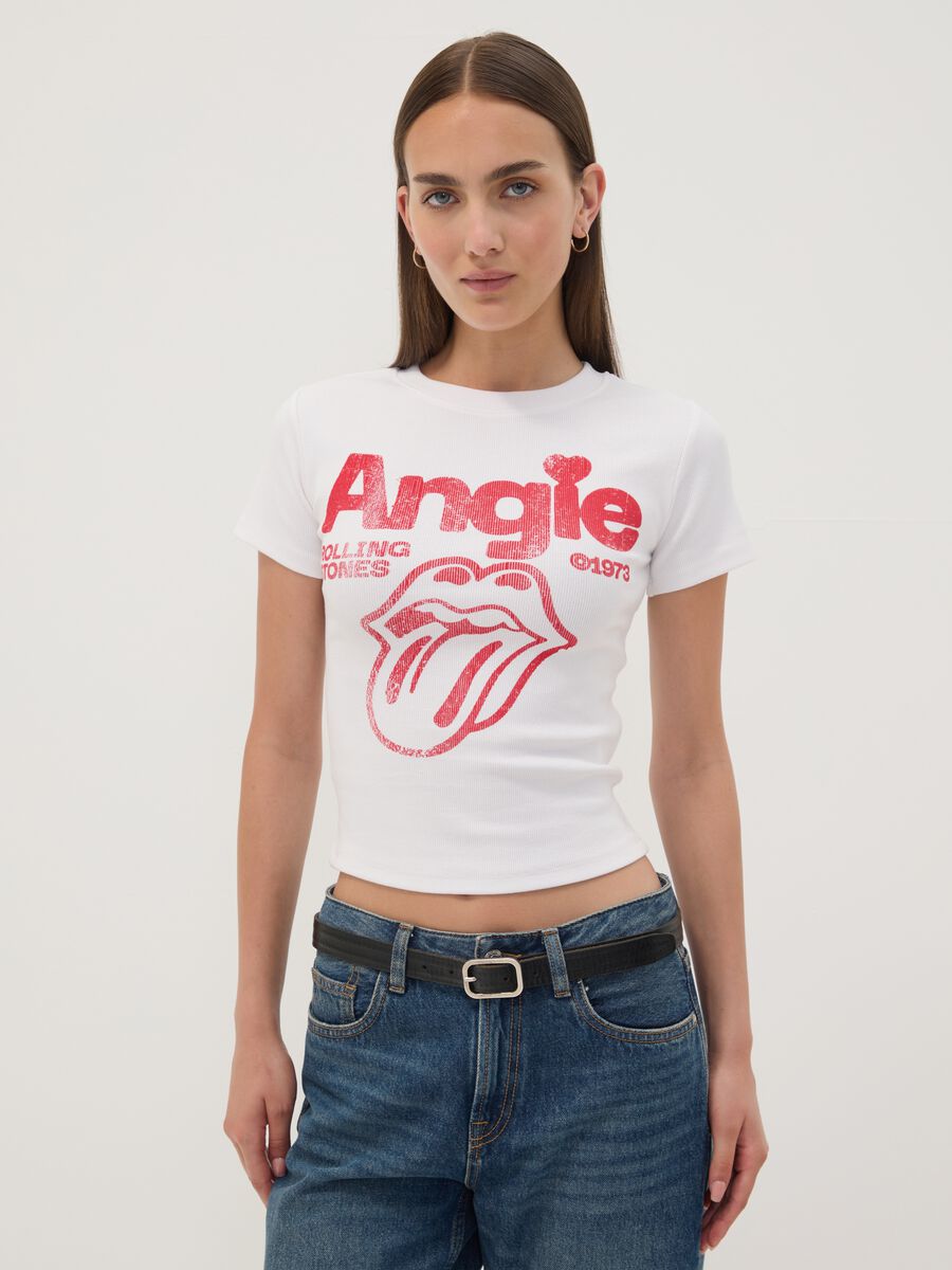White stretch cotton T-shirt with Rolling Stones print_0