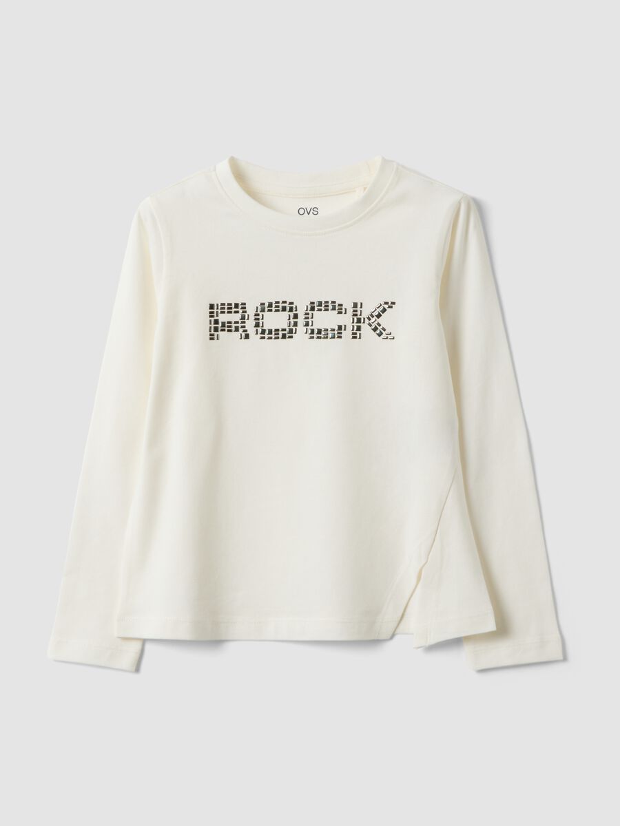 White stretch cotton T-shirt with stud print for girls_0