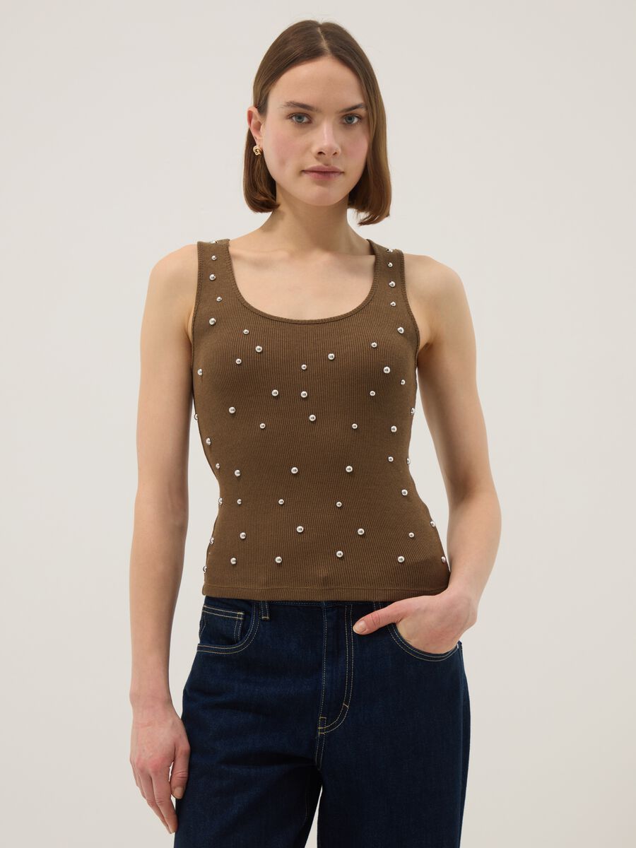 Brown regular fit tank top with metal embellishments_1