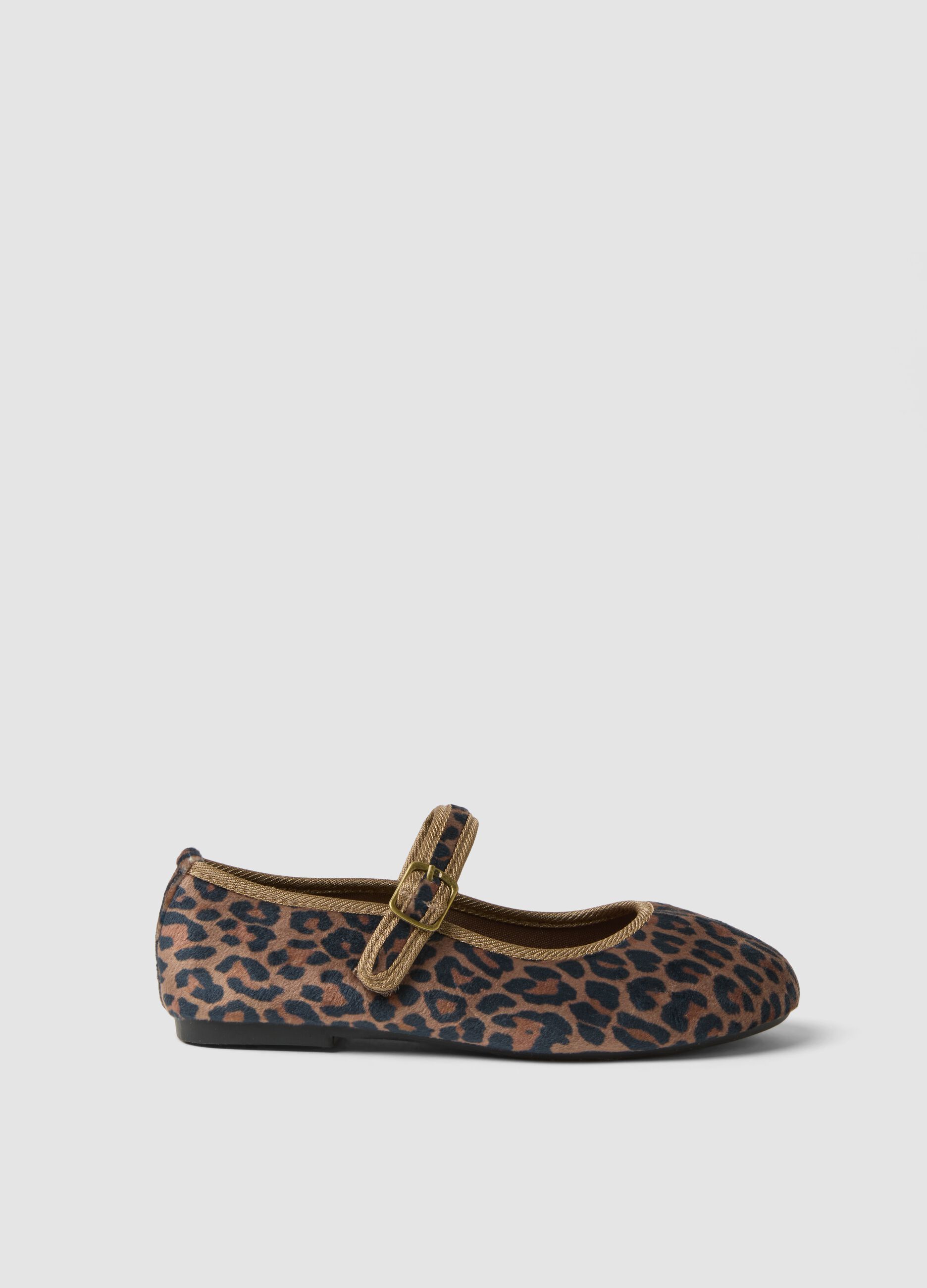 Brown animal print ballet flats with strap for girls