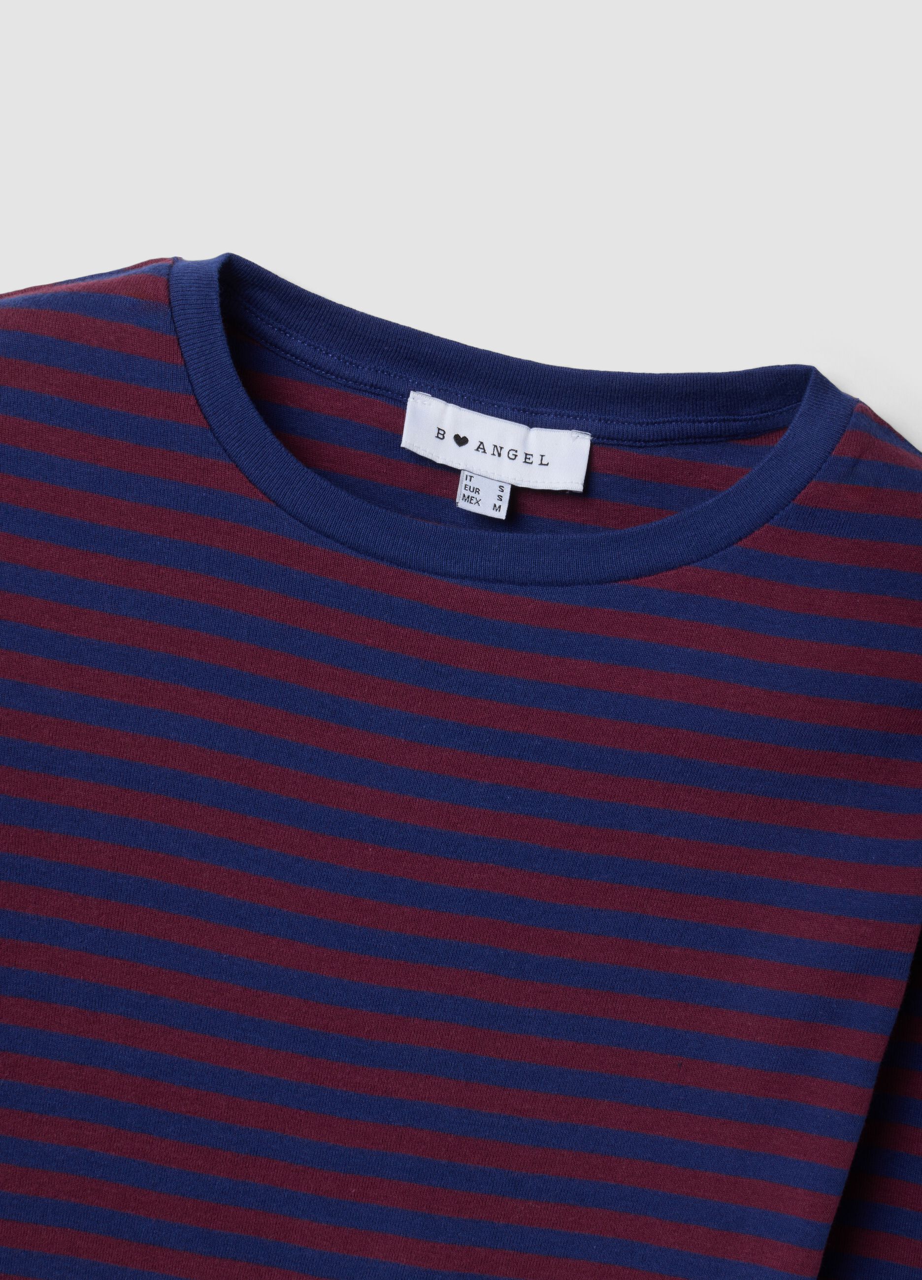 Purple pure cotton striped crew-neck T-shirt