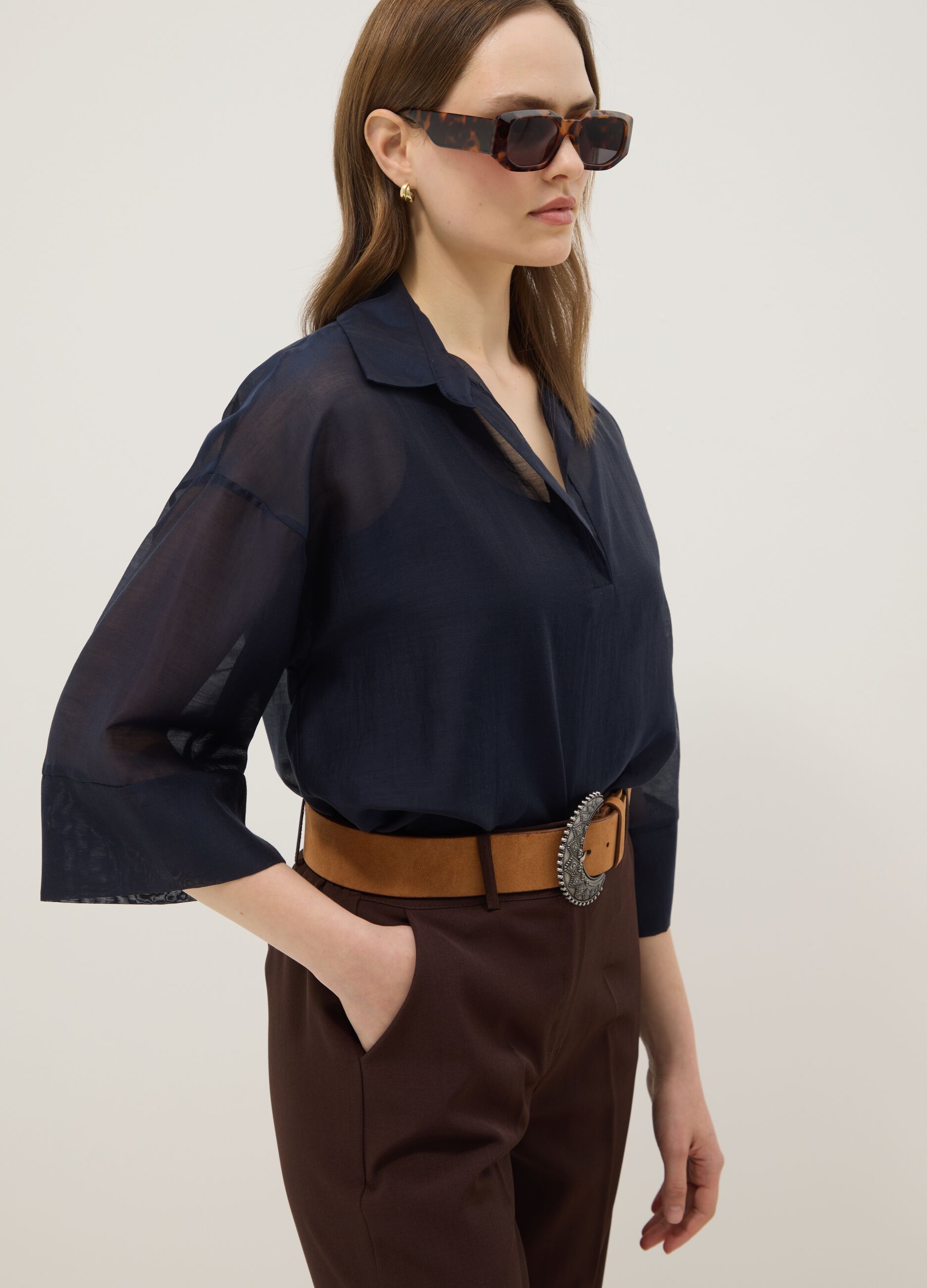 Blue long-sleeve viscose-blend blouse, regular fit