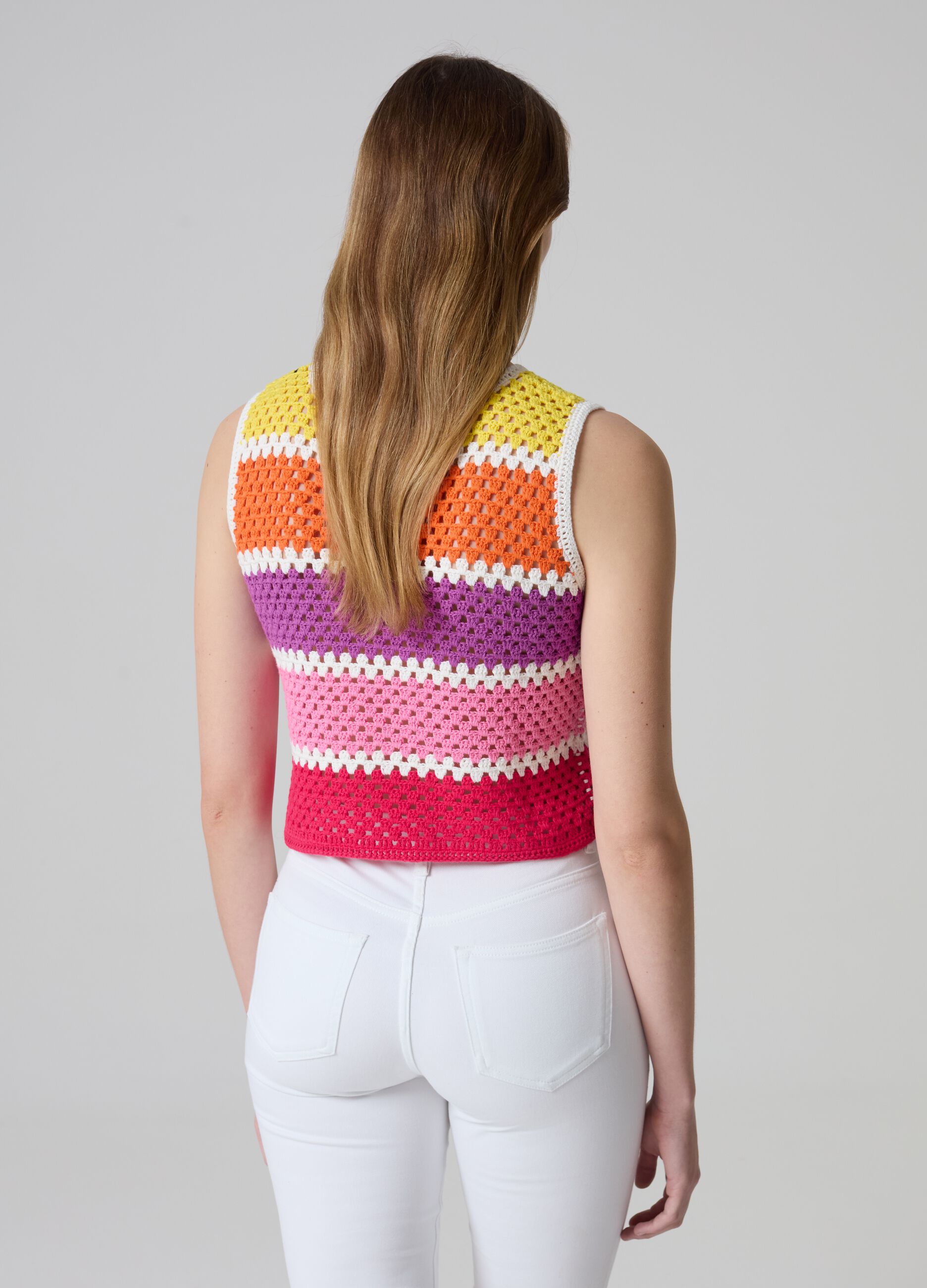 Crochet tank top with multicoloured stripes