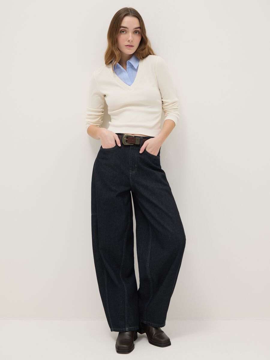 Beige regular fit stretch cotton T-shirt with contrast collar_1