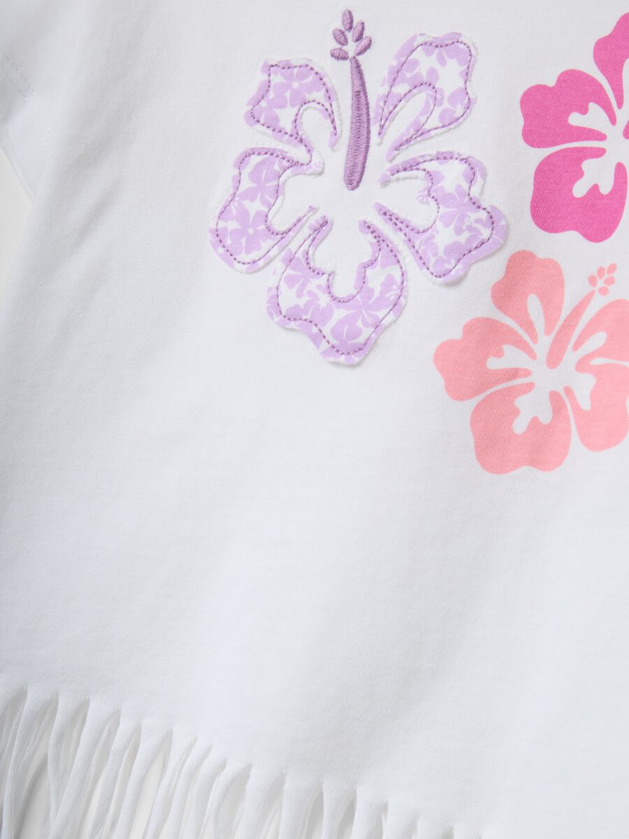 White pure cotton T-shirt with floral print and fringed hem_2