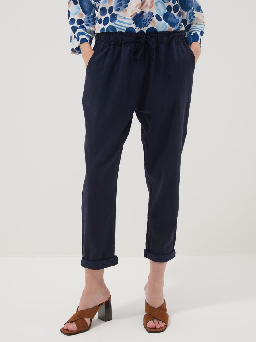 Pantaloni blu in misto lino e cotone regular fit_1