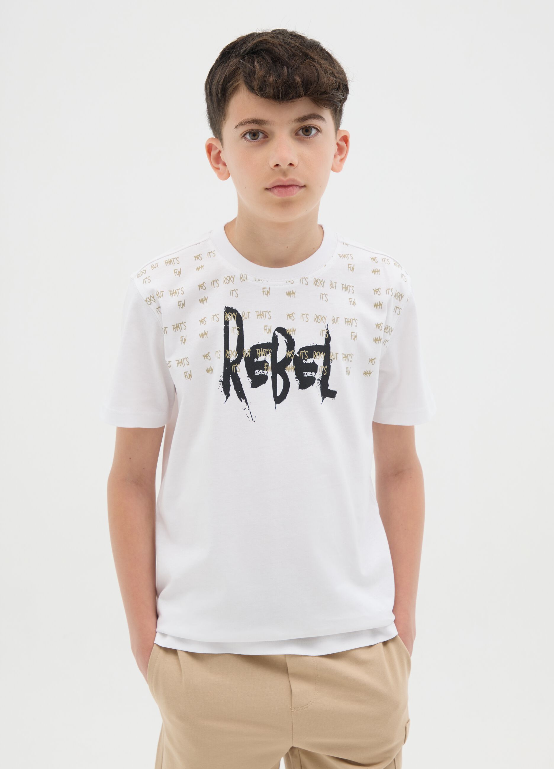 White T-shirt in cotton with "Rebel" print