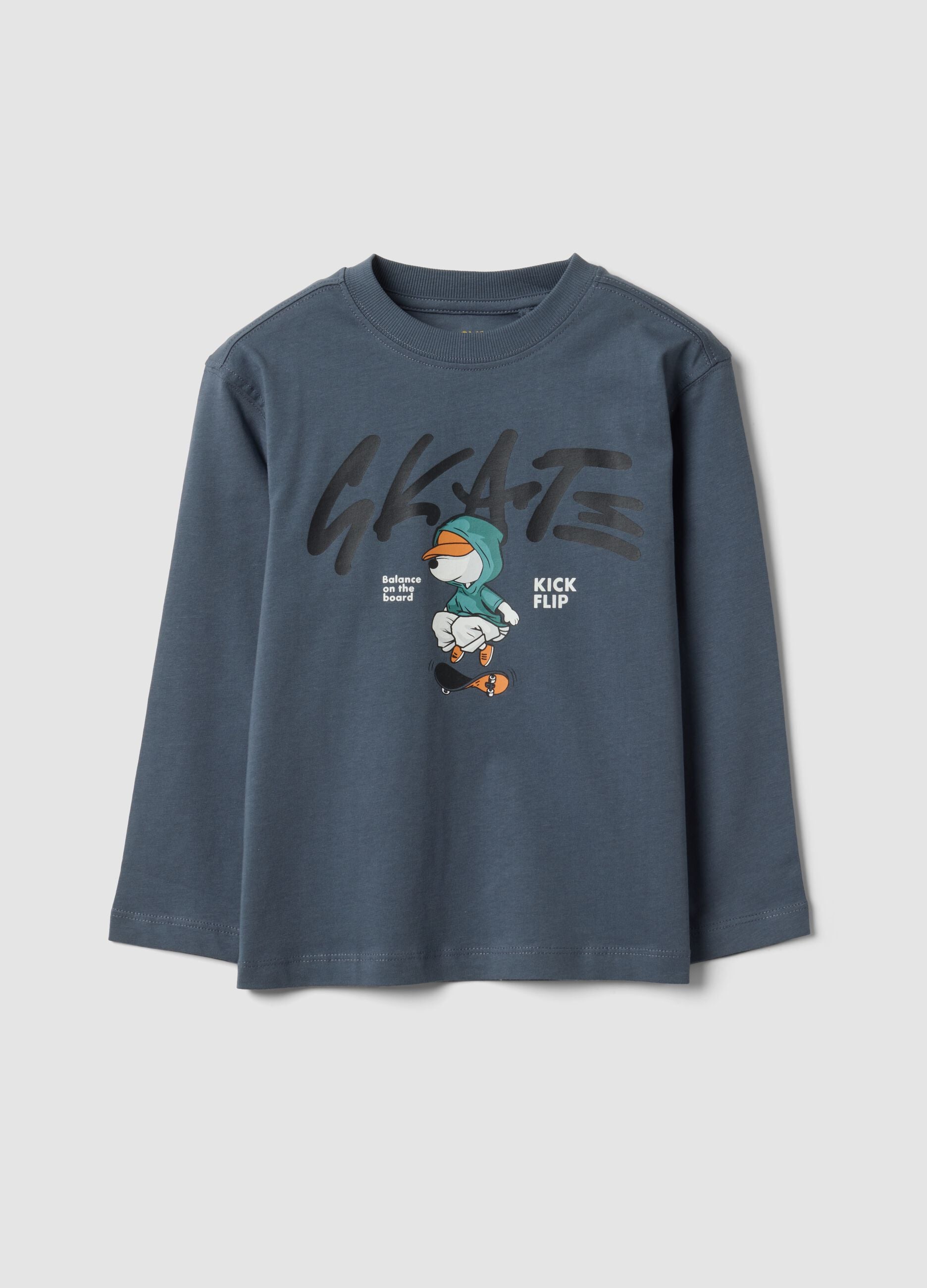 T-shirt over fit grigia in puro cotone con stampa skate per bambino