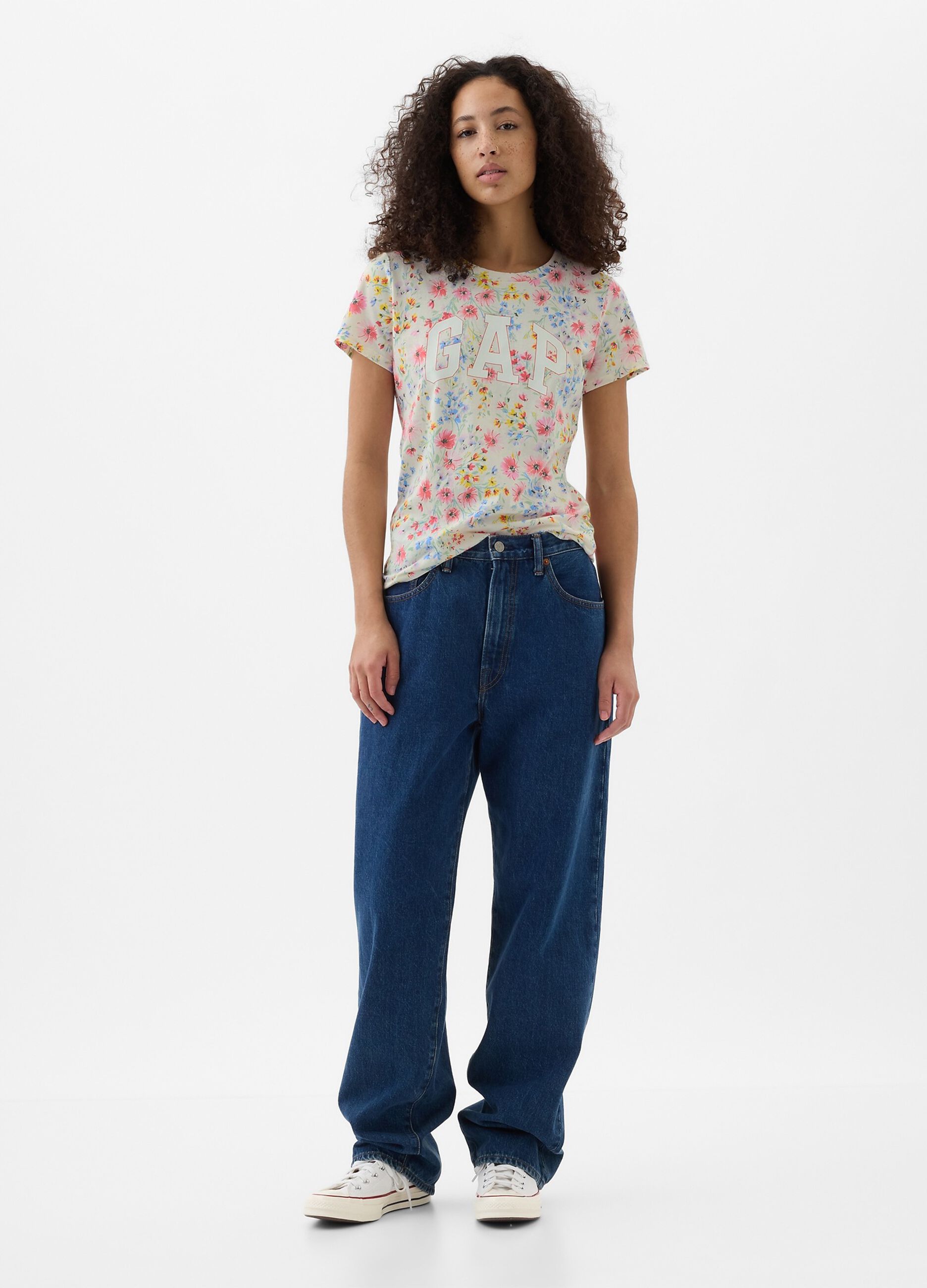 T-shirt floreale con stampa logo
