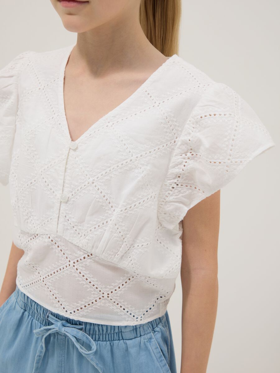 Camicia a maniche corte in puro cotone bianca da ragazza regular fit_2