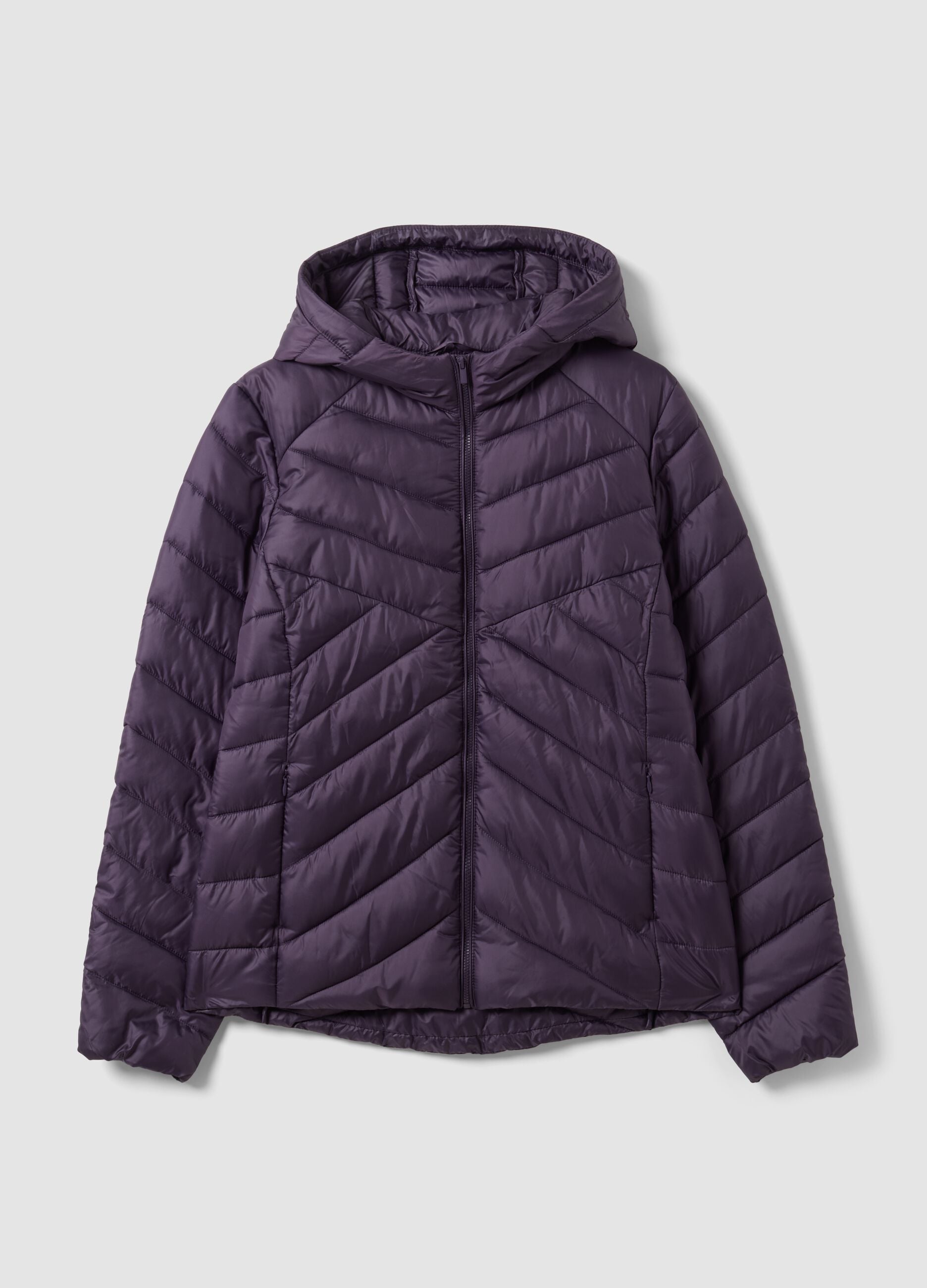 Giacca Ultralight viola trapuntata con cappuccio e zip
