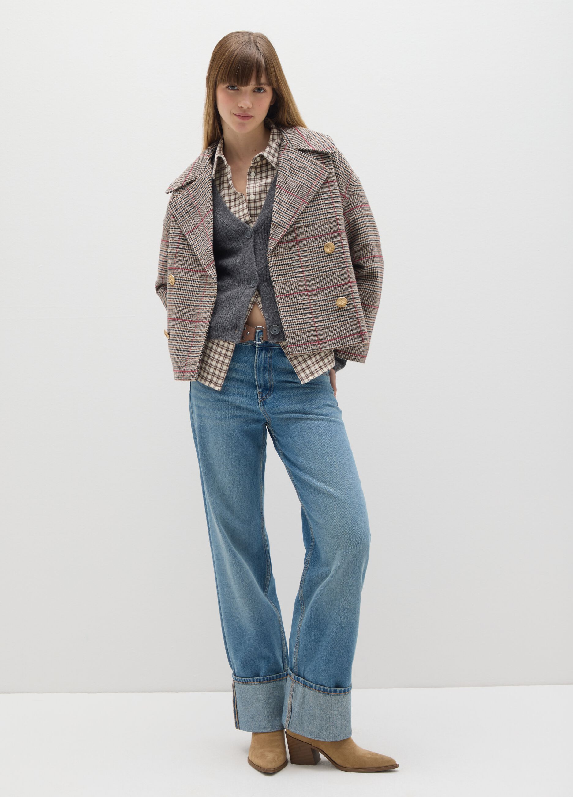 Multicolour Checked Double-Breasted Coat with Oversized Fit