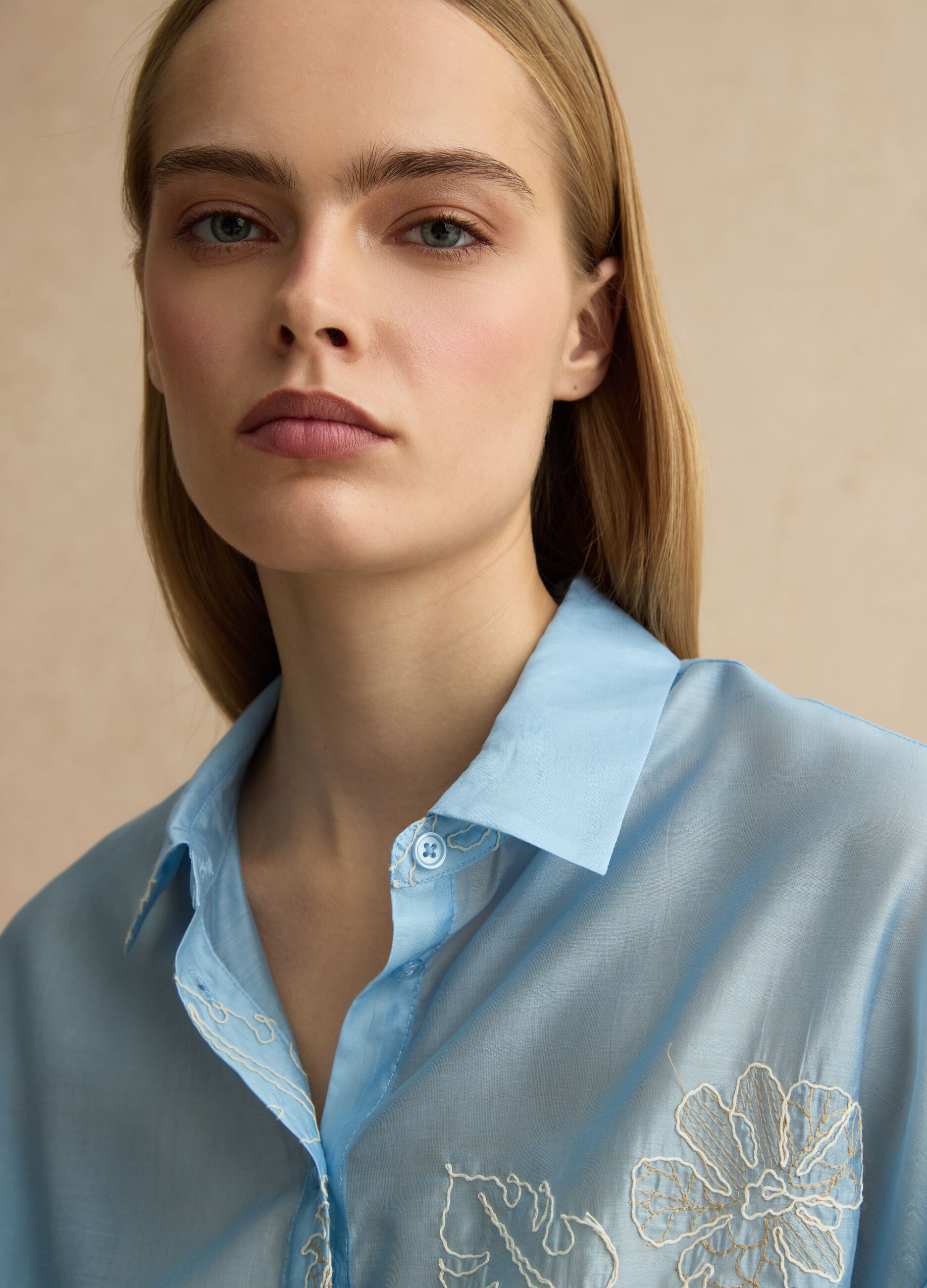 Regular fit blue lyocell blend shirt with floral embroidery