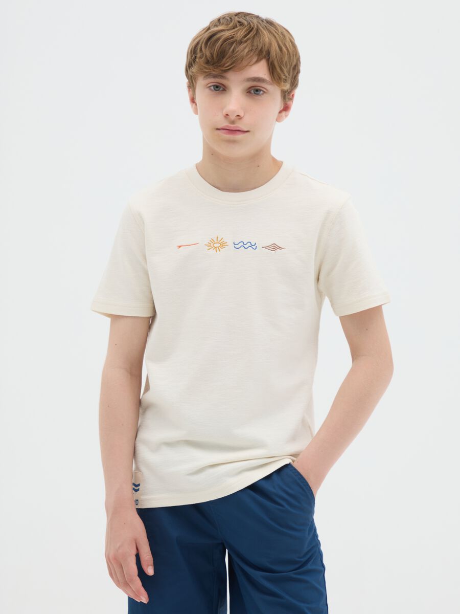 T-shirt da ragazzo in puro cotone beige regular fit con stampe_0