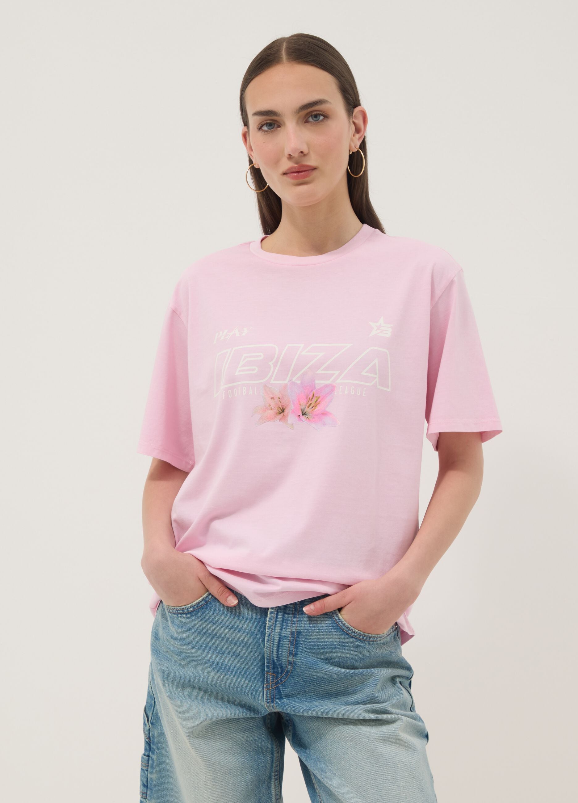 Pink pure cotton T-shirt with slogan print, relaxed fit