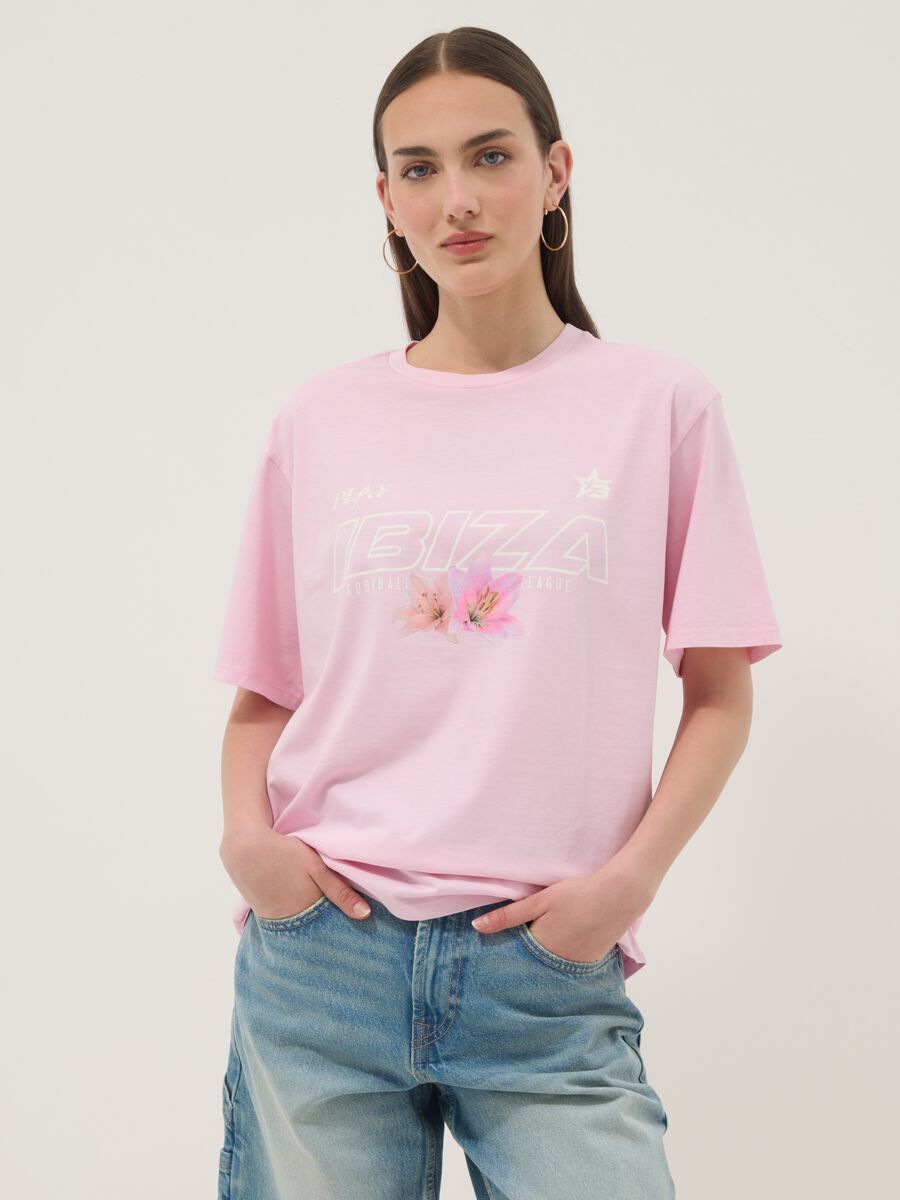 White pure cotton T-shirt with slogan, relaxed fit_1