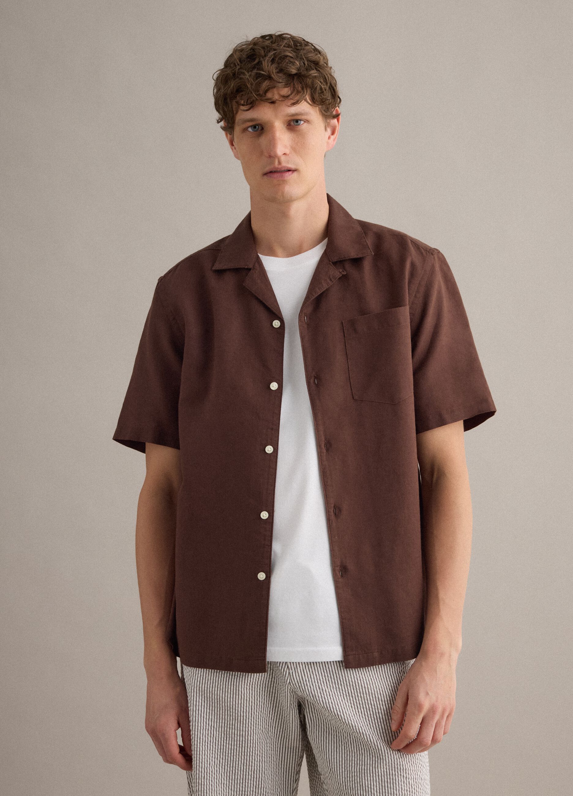Brown linen-blend bowling-collar shirt