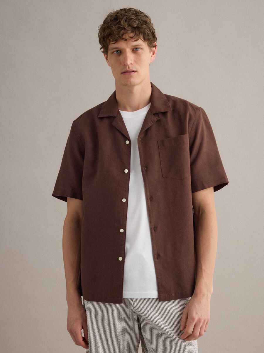 Brown linen-blend bowling-collar shirt_0