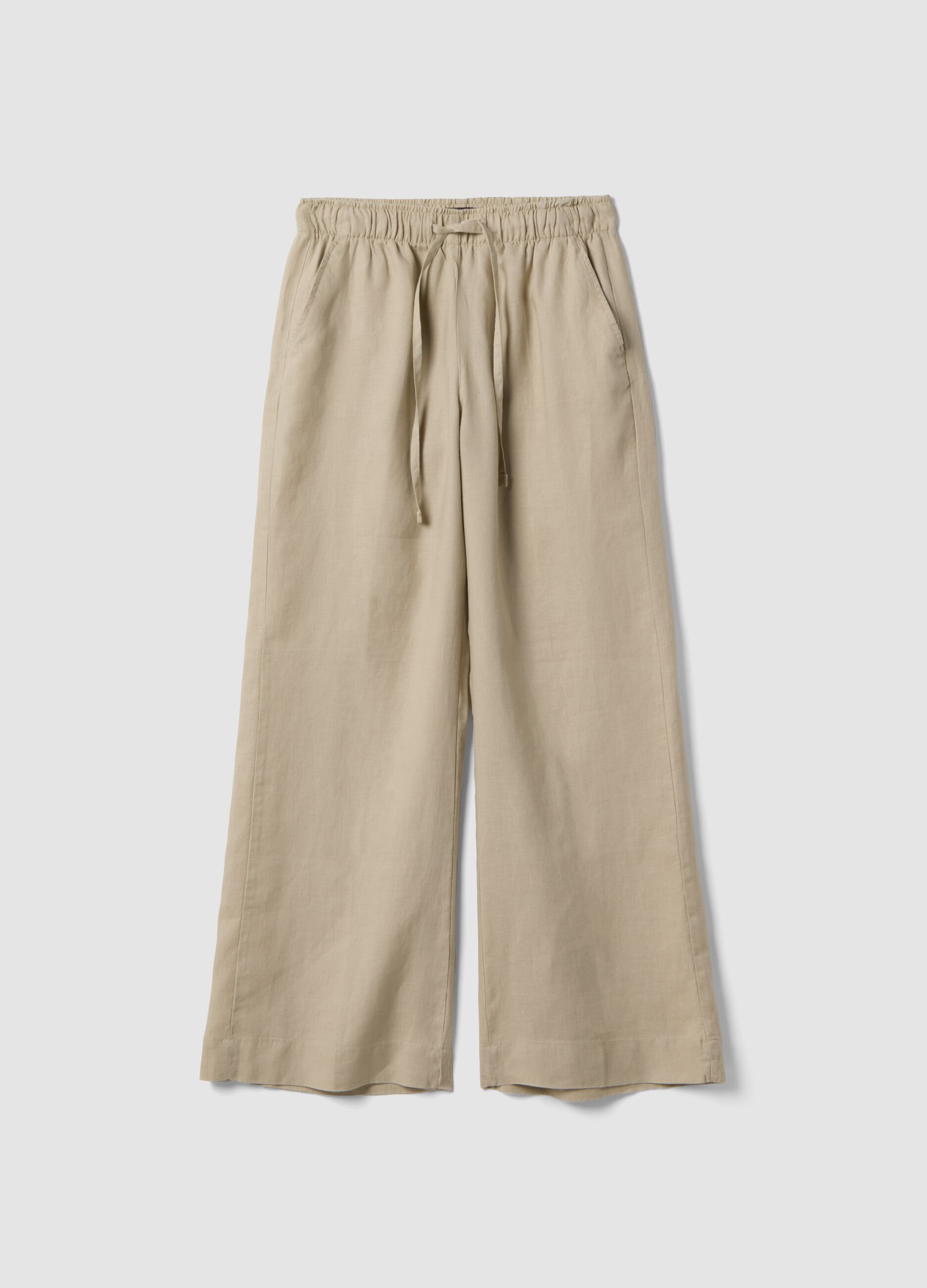 Beige pure linen straight-fit trousers with drawstring