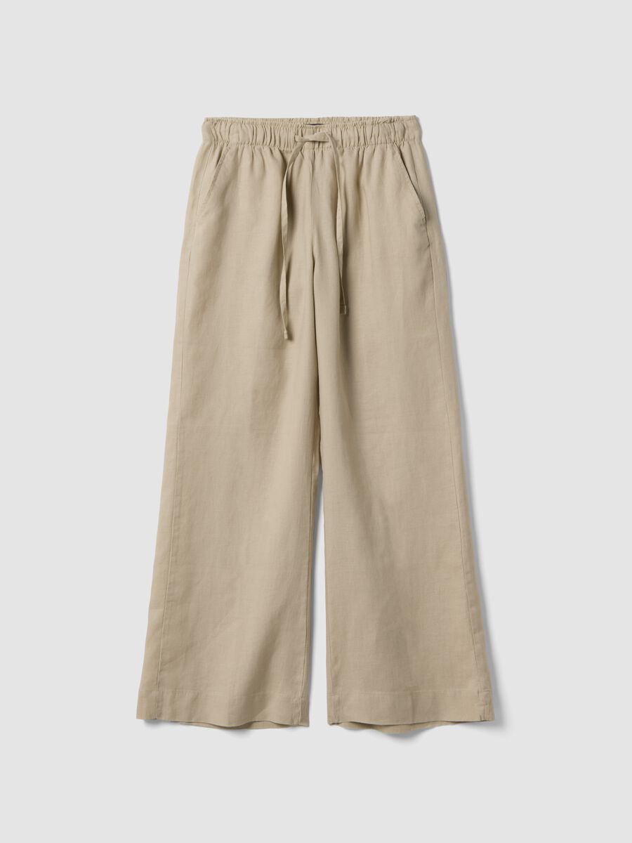 Pantaloni beige in puro lino con coulisse straight fit_0