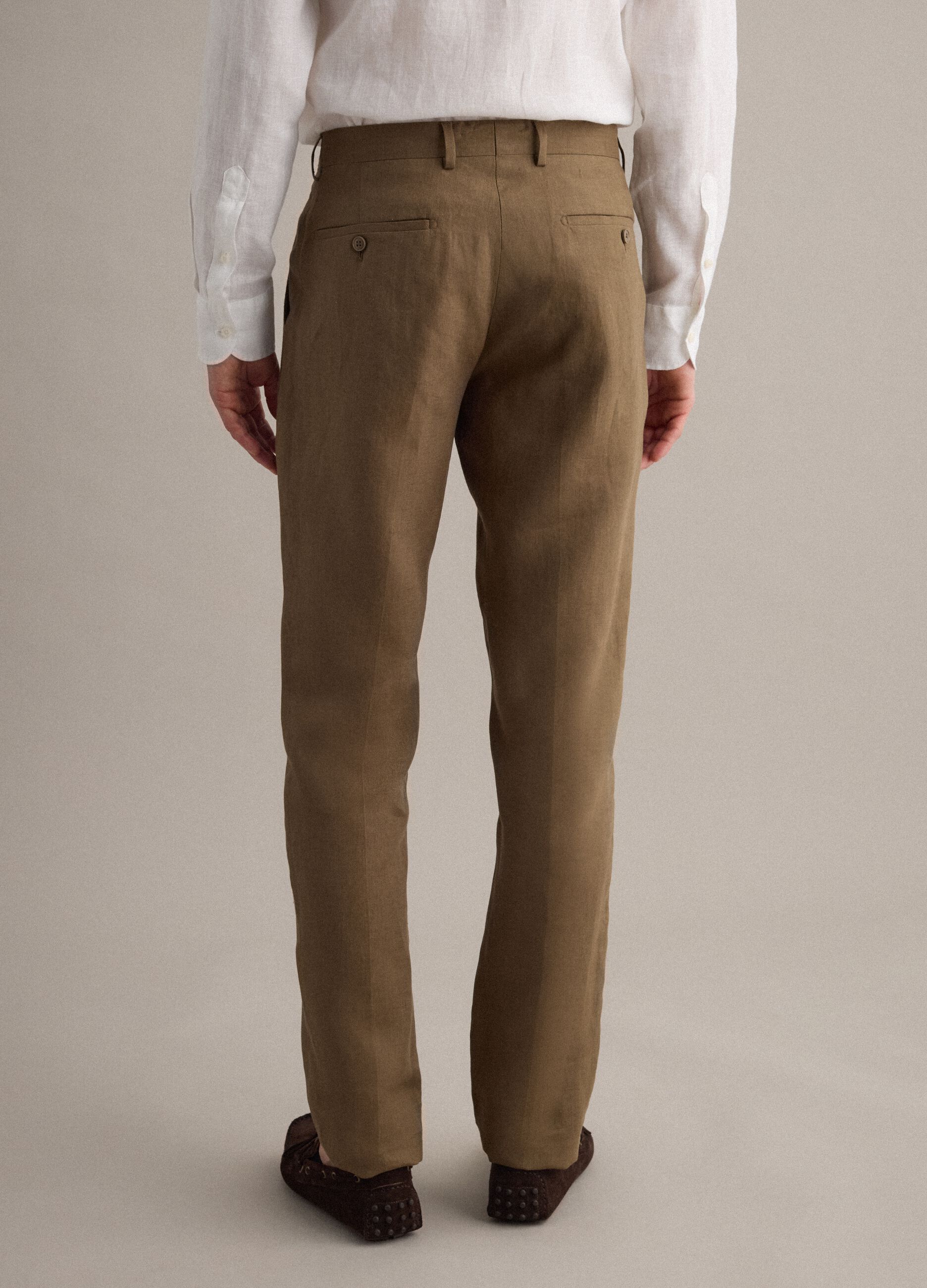 Brown pure linen regular fit trousers