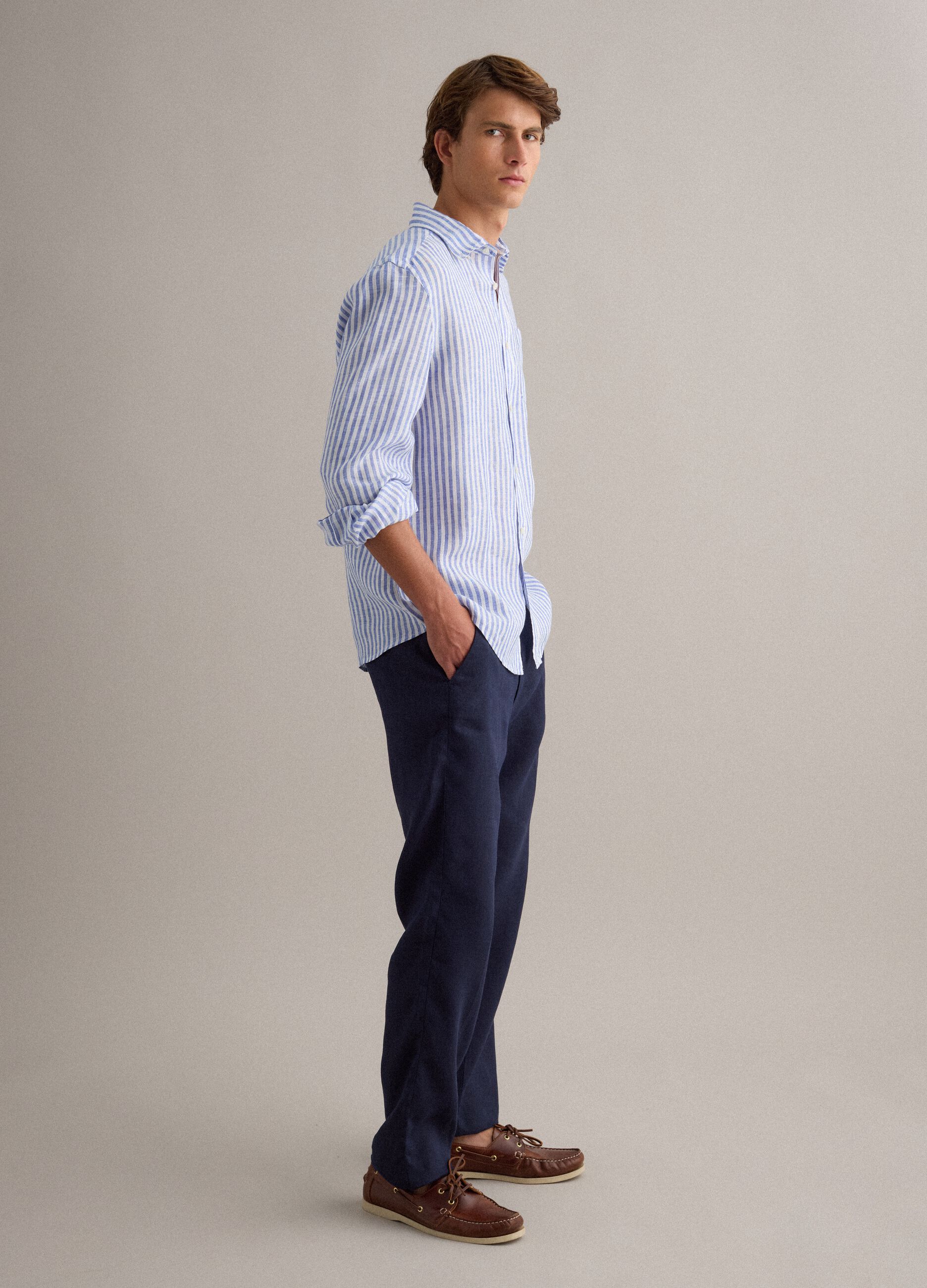 Blue striped pure linen shirt &ndash; regular fit