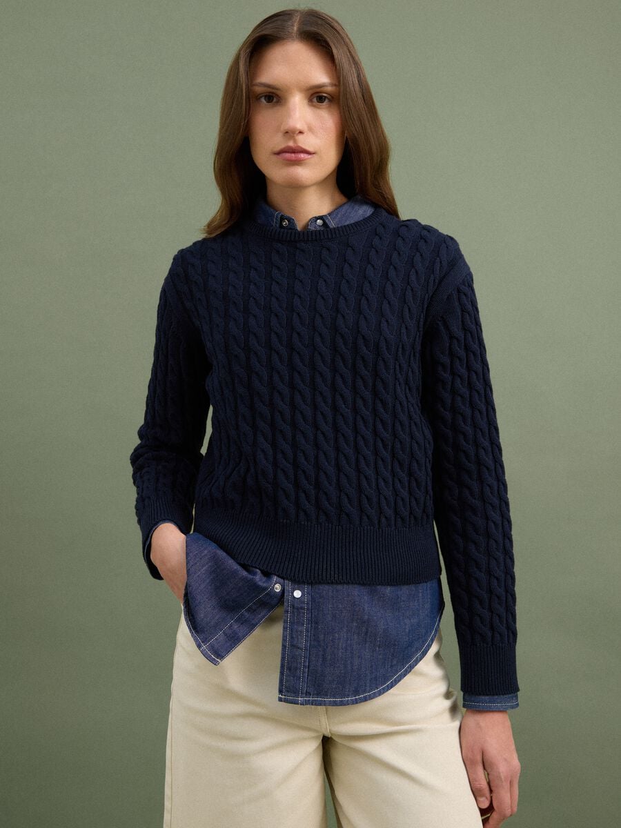 Maglia blu girocollo in puro cotone a trecce regular fit_0