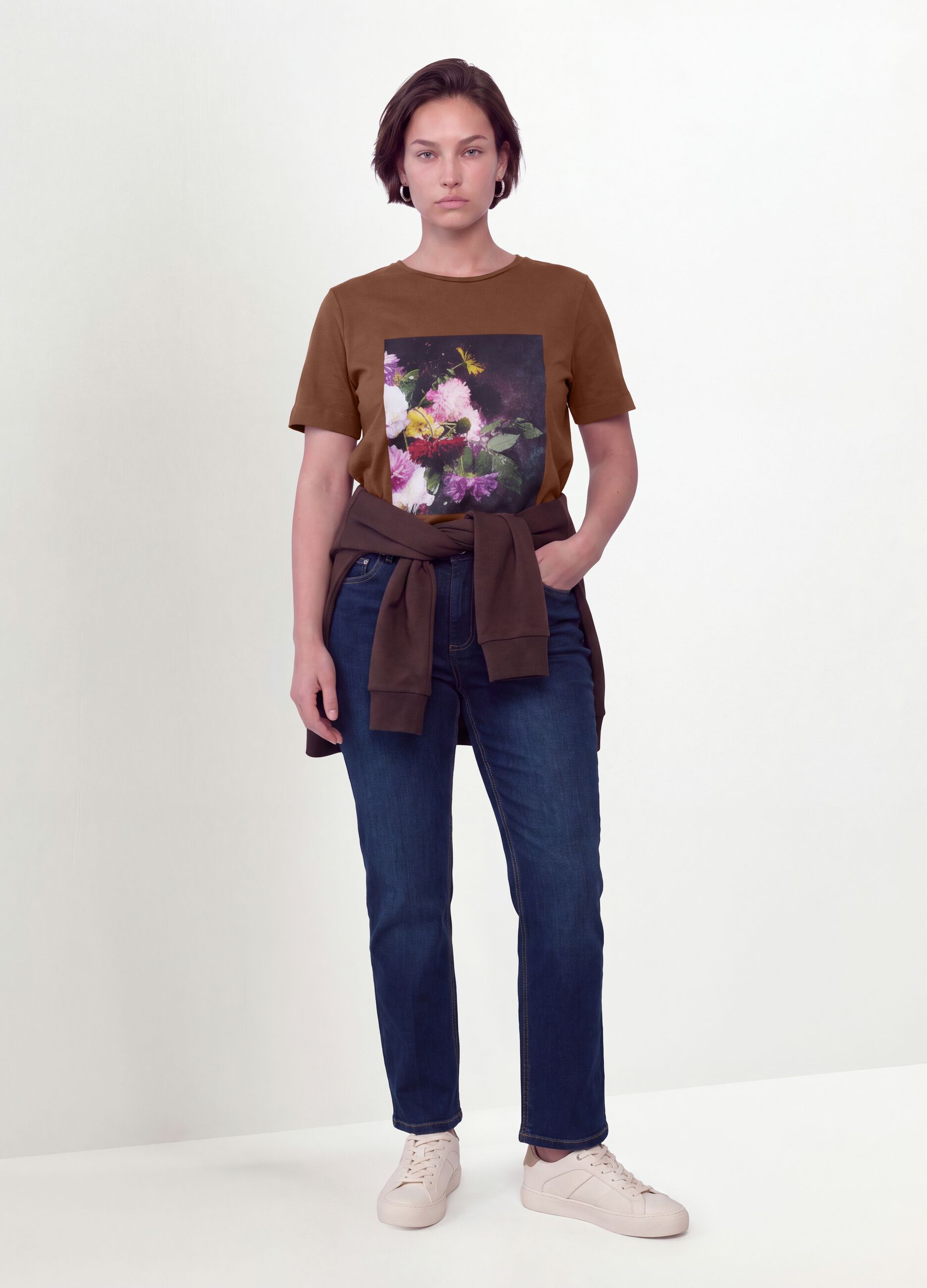 Brown pure cotton T-shirt with floral print, regular fit