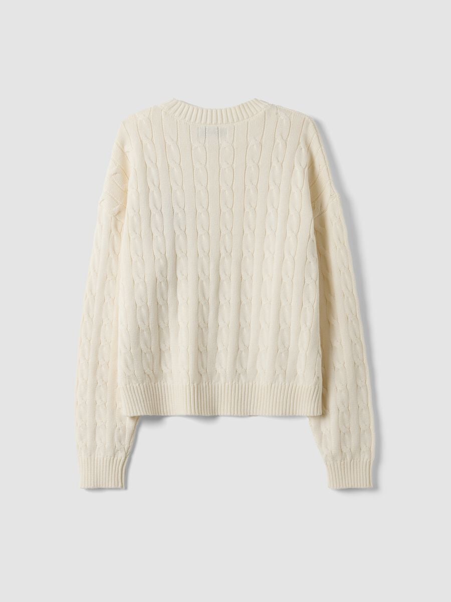 Maglia bianca in puro cotone a trecce con ricamo croissant_1