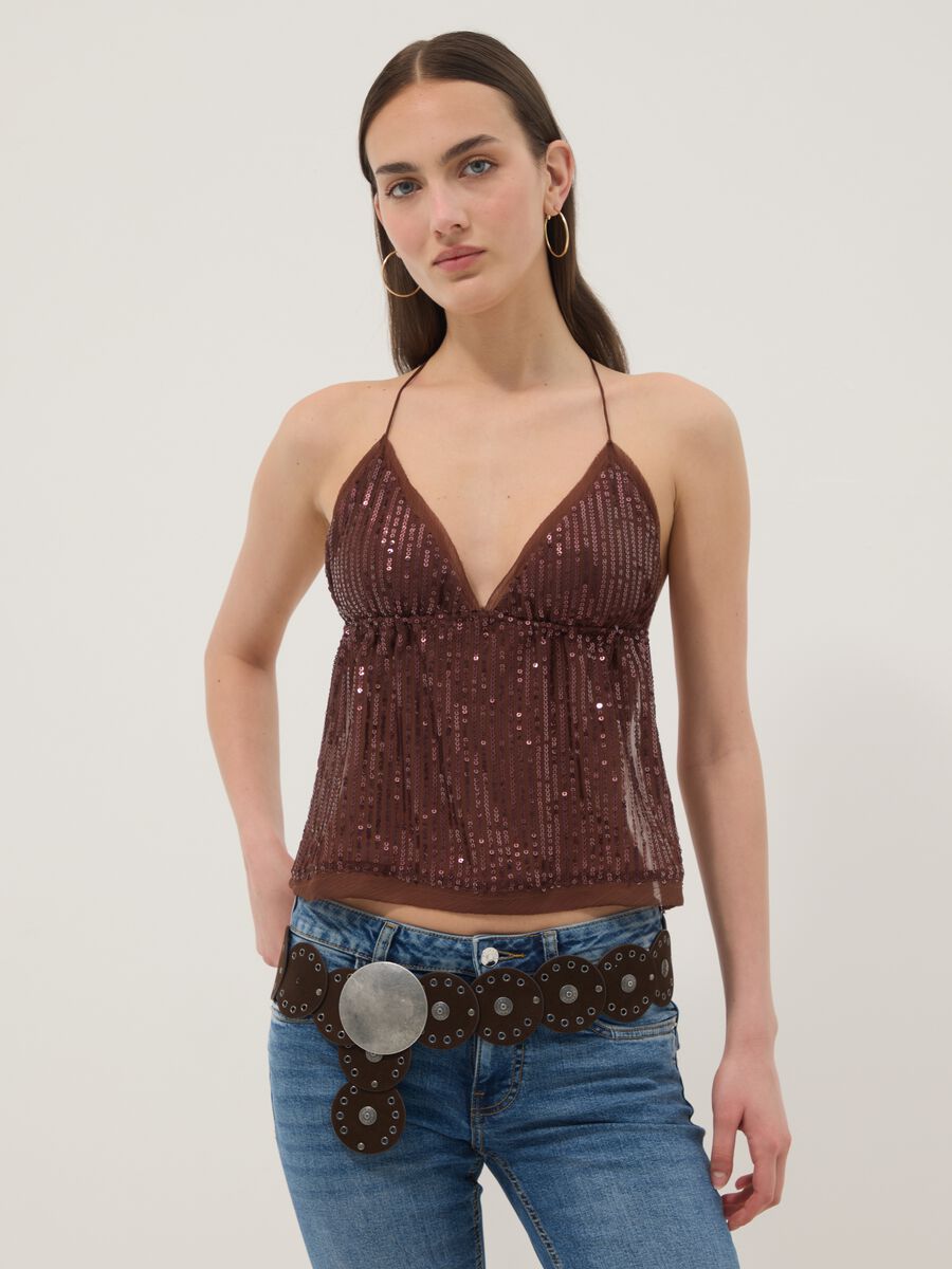 Brown sequin top with thin straps_0