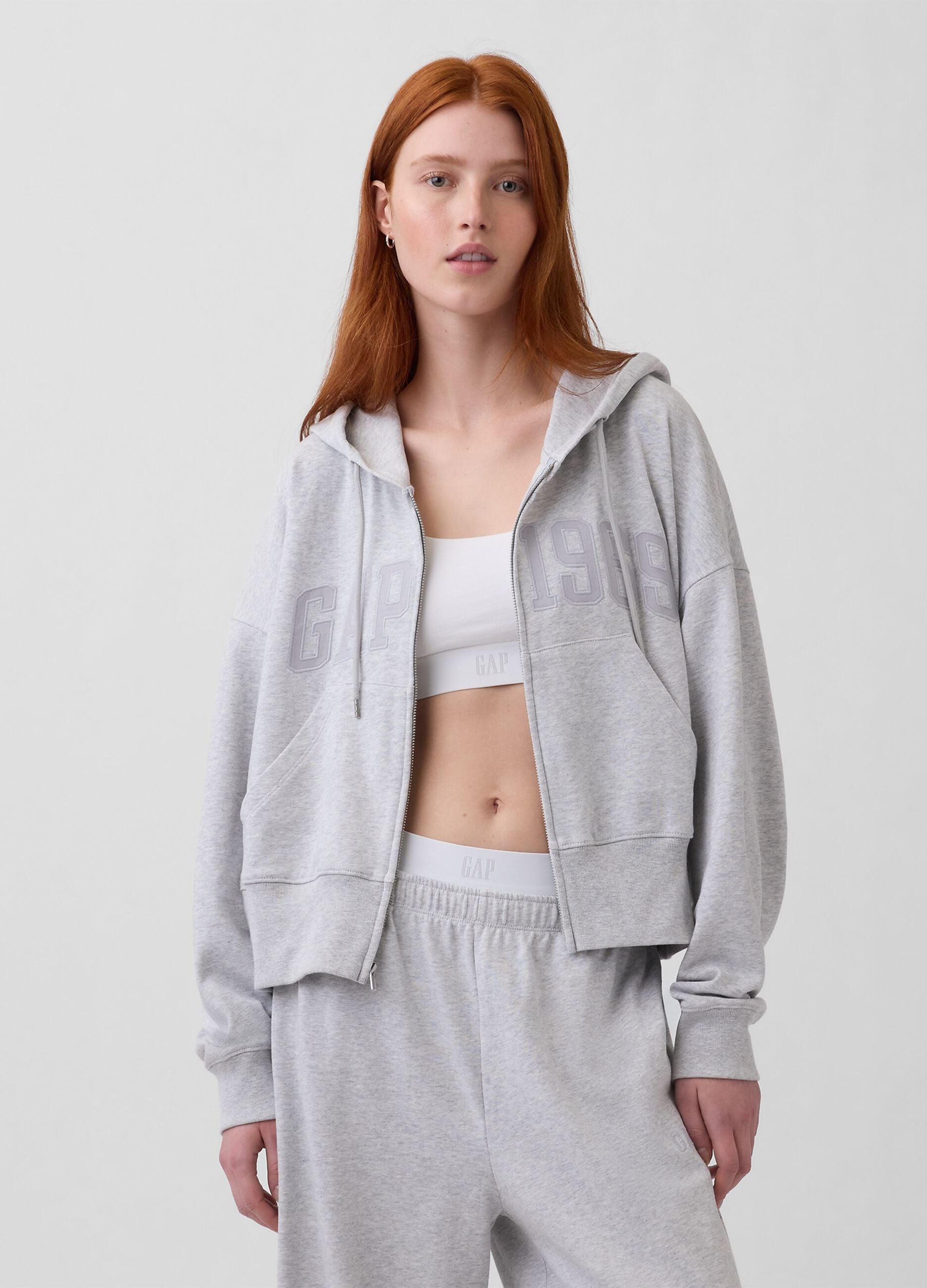 Regular fit grey cotton blend hoodie with zip