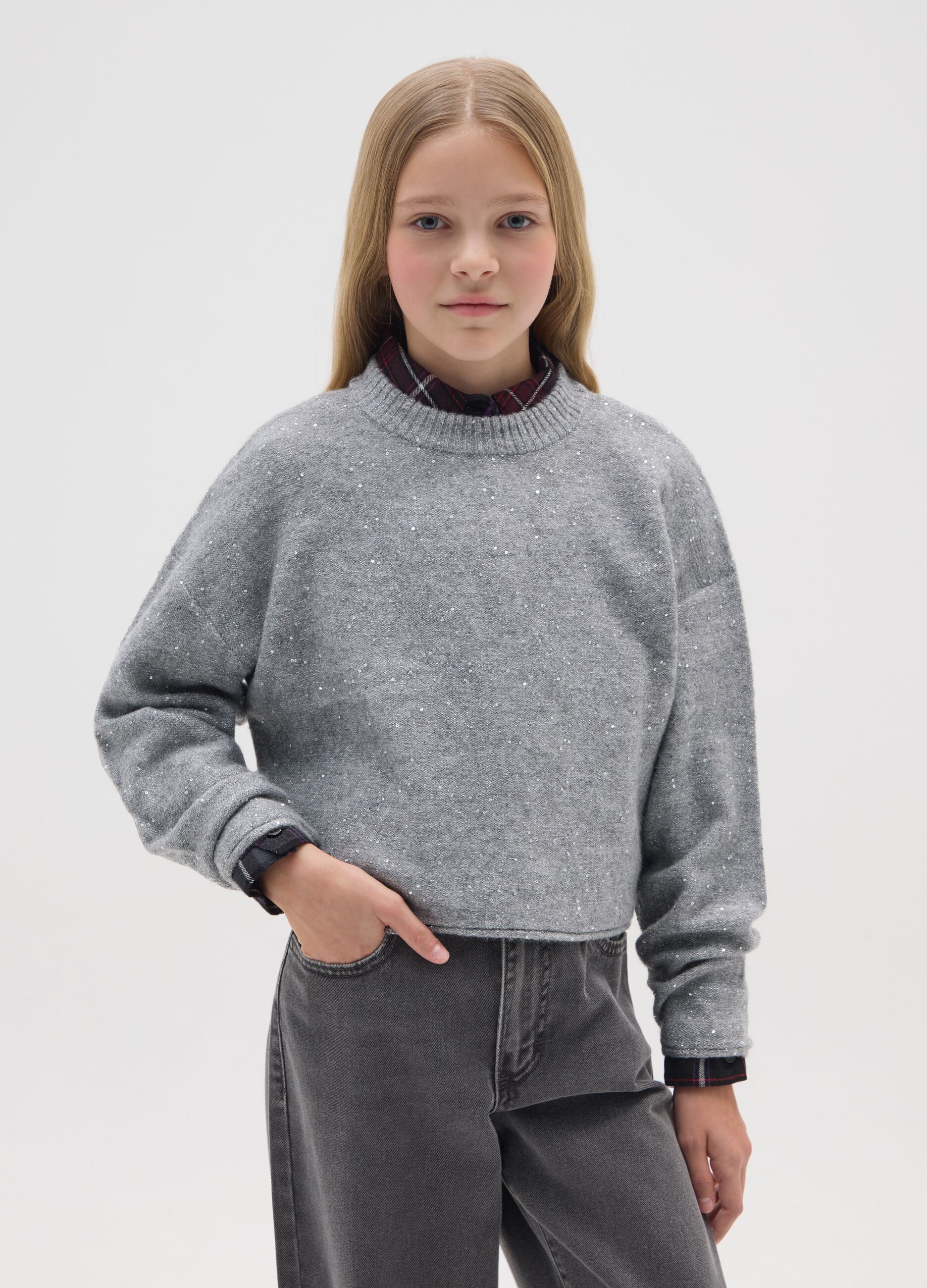 Grey crew neck jumper with lurex