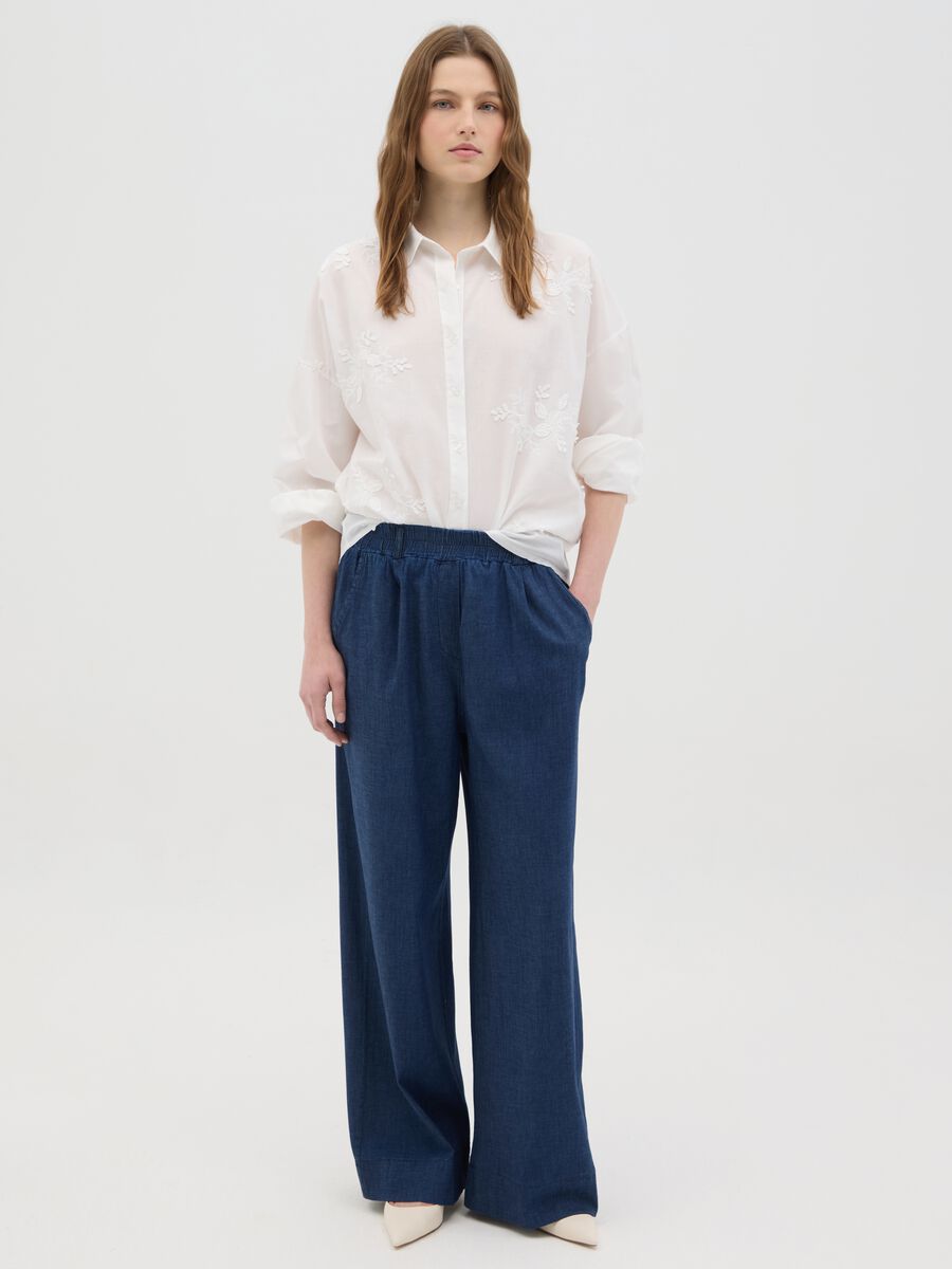 Women's blue denim regular fit trousers with elasticated waist_0