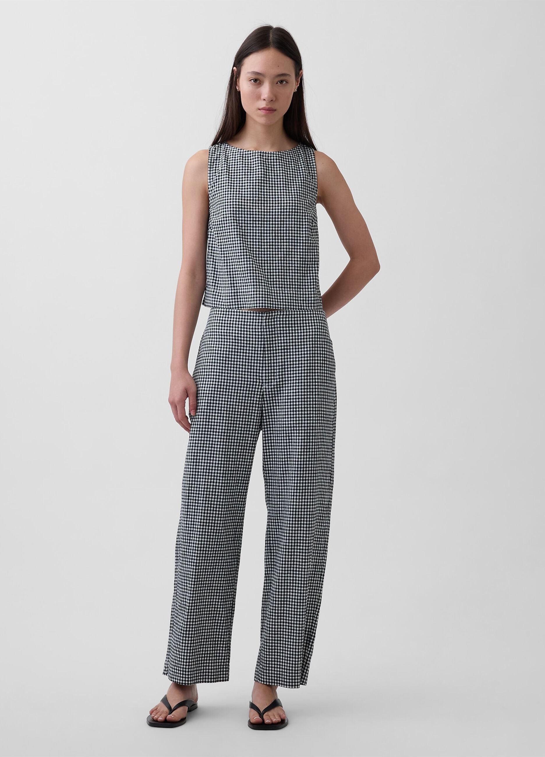 Checked linen-blend top