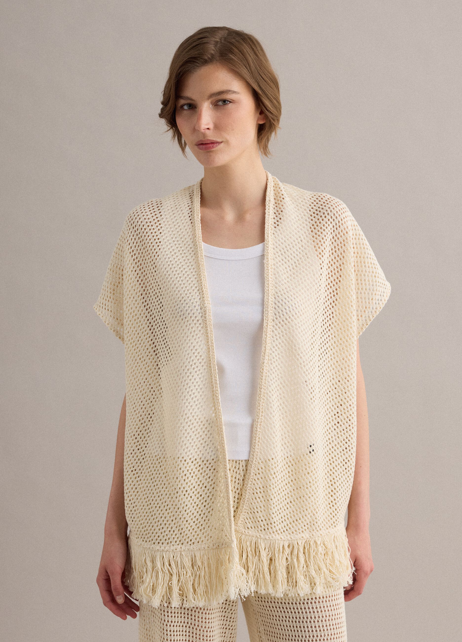 Beige crochet viscose-blend cardigan with fringes