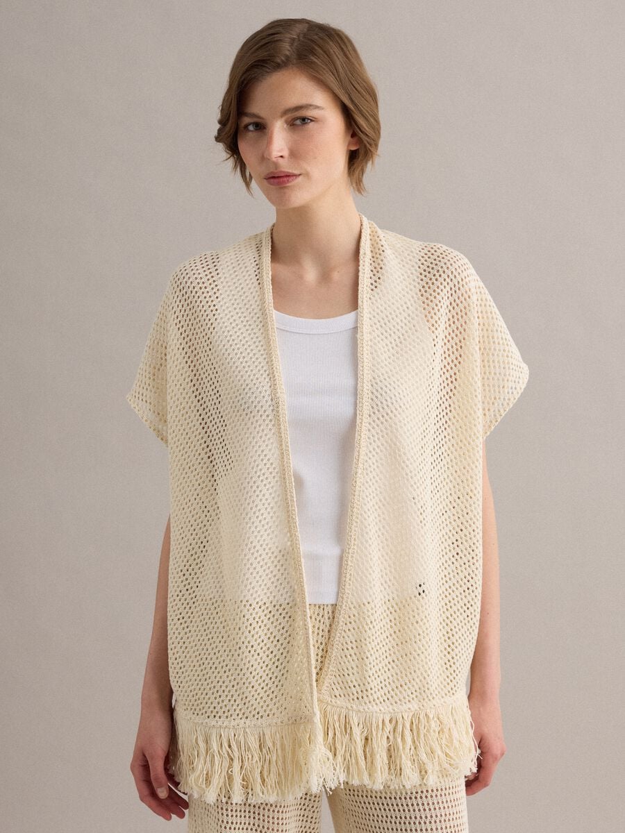 Cardigan bianco in crochet di misto viscosa con frange regular fit_0
