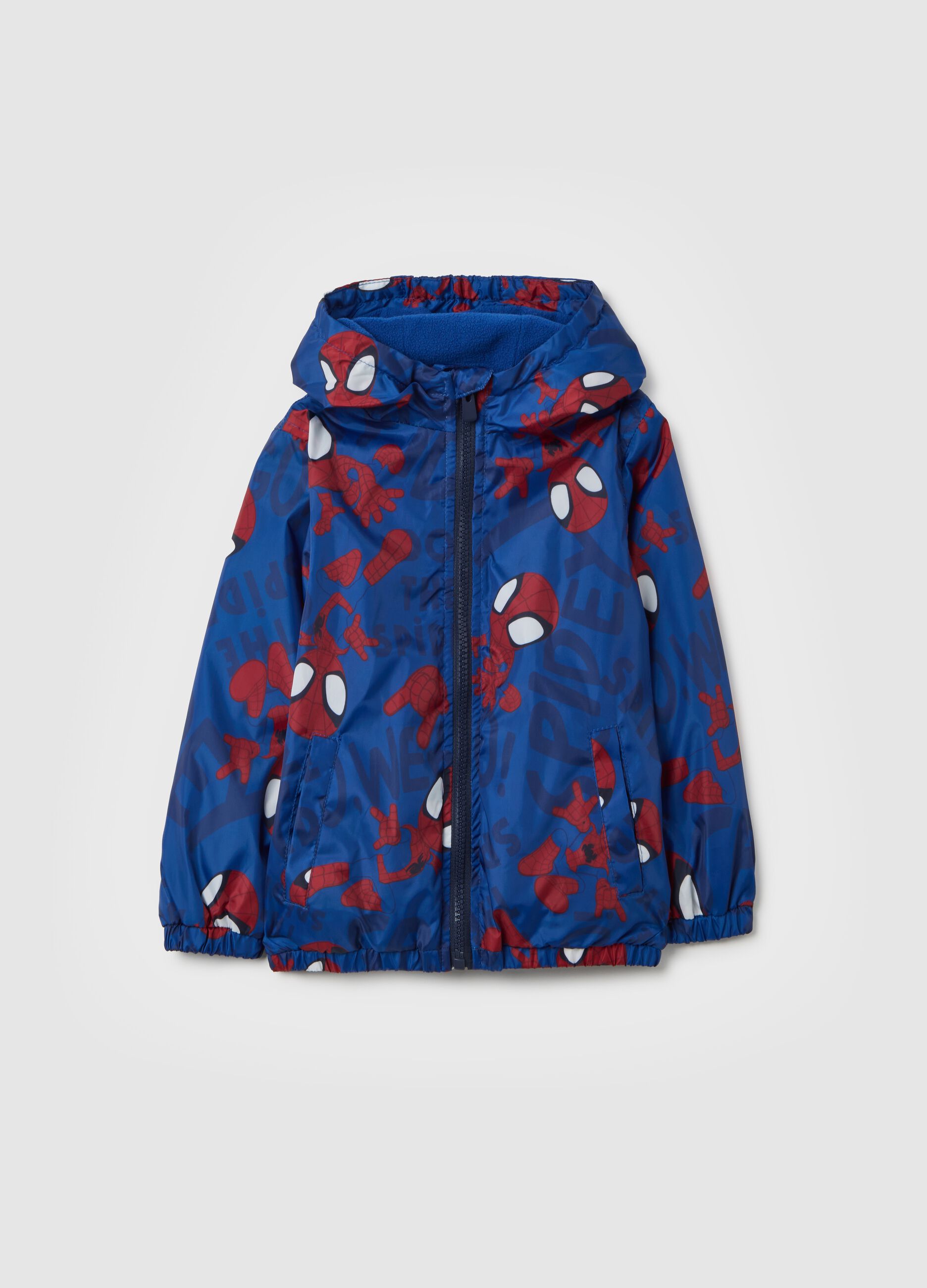 Blue padded children's jacket with zip and Spider-Man print