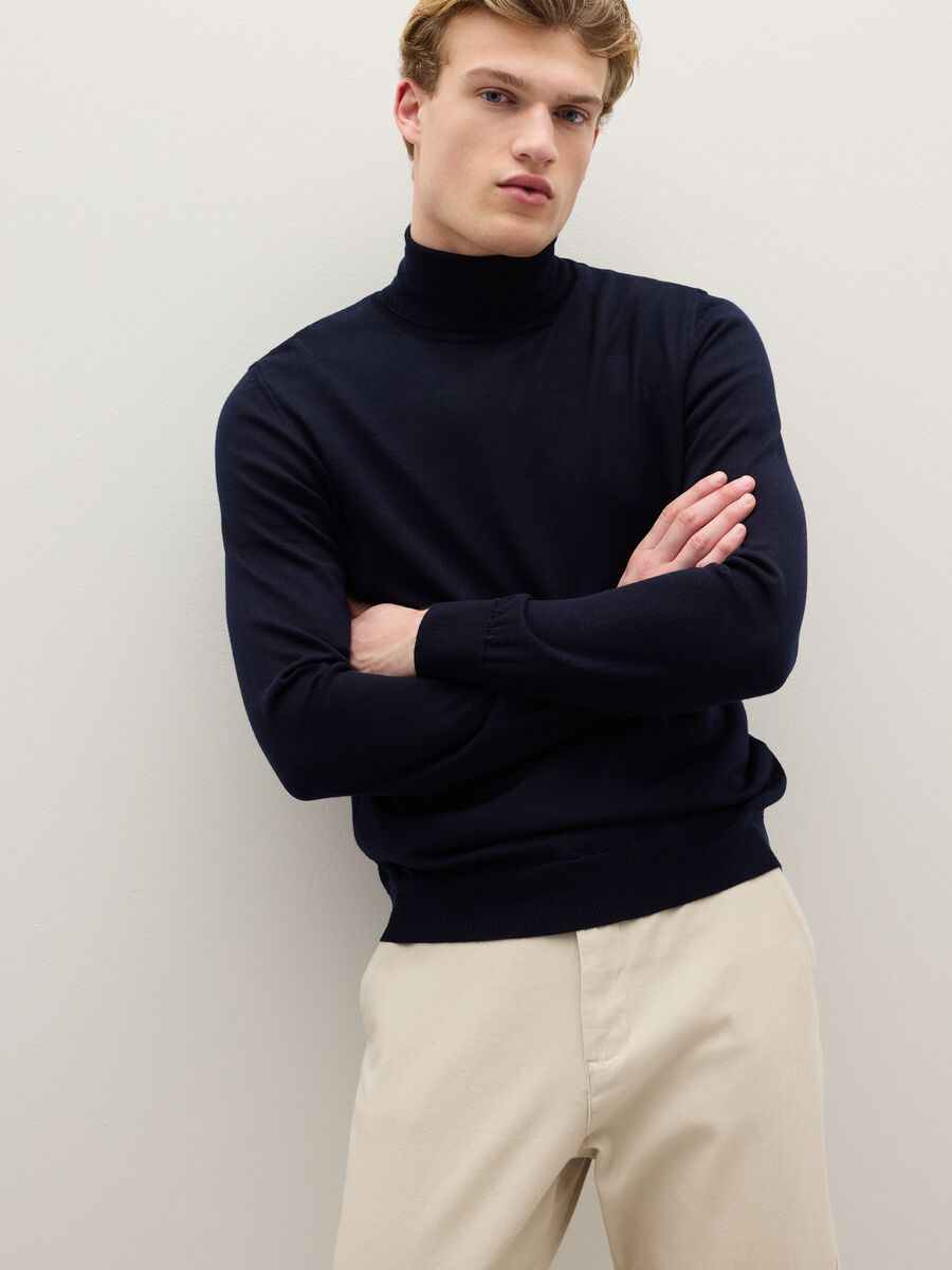 Blue high-neck sweater in pure merino wool regular fit_0