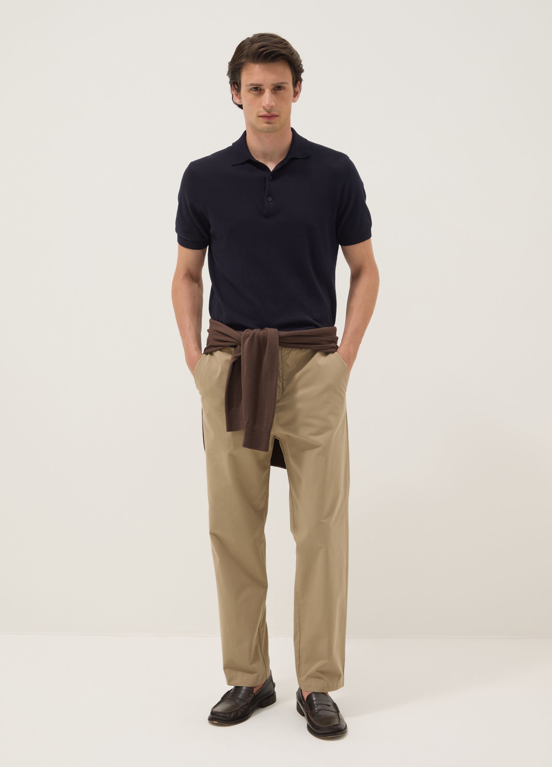 Beige pure cotton carrot-fit chino trousers