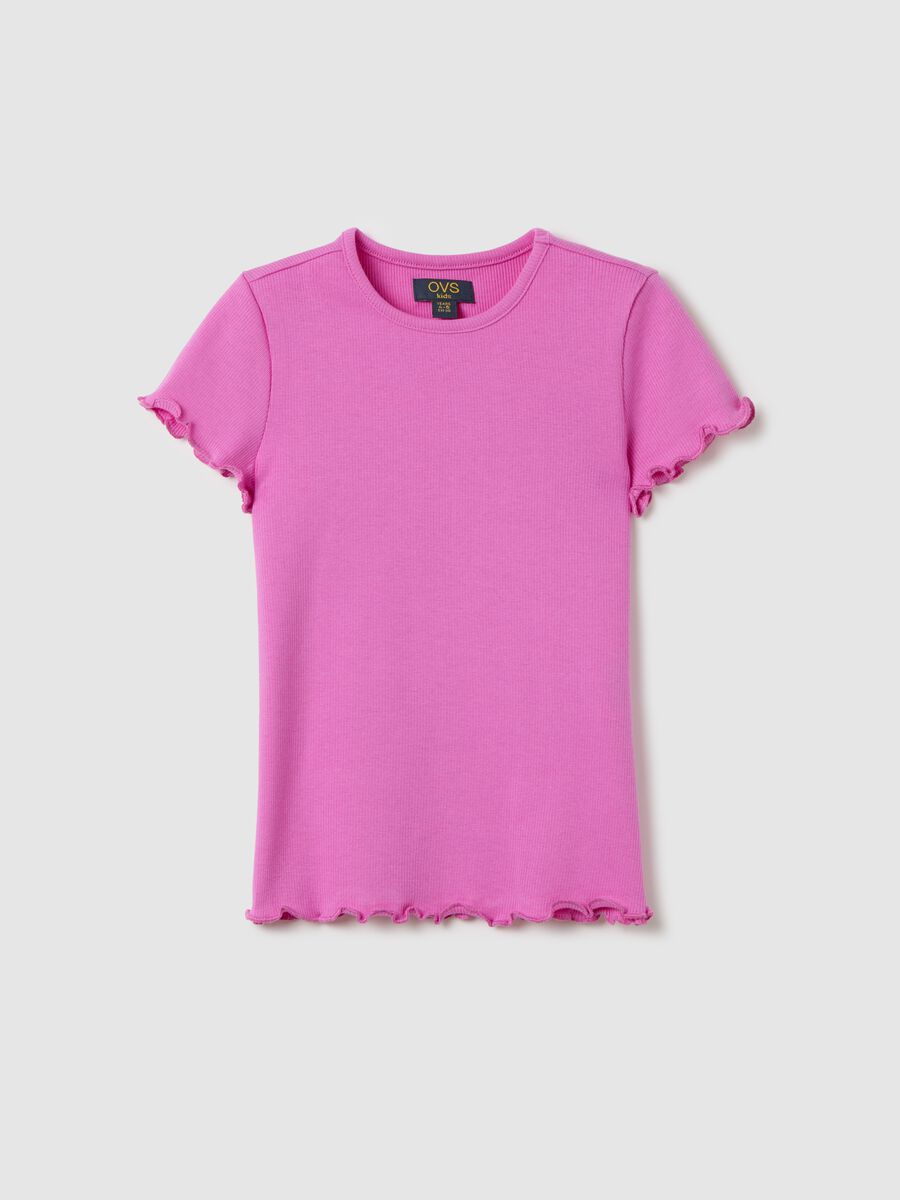 Fuchsia ribbed T-shirt with wavy edging_0